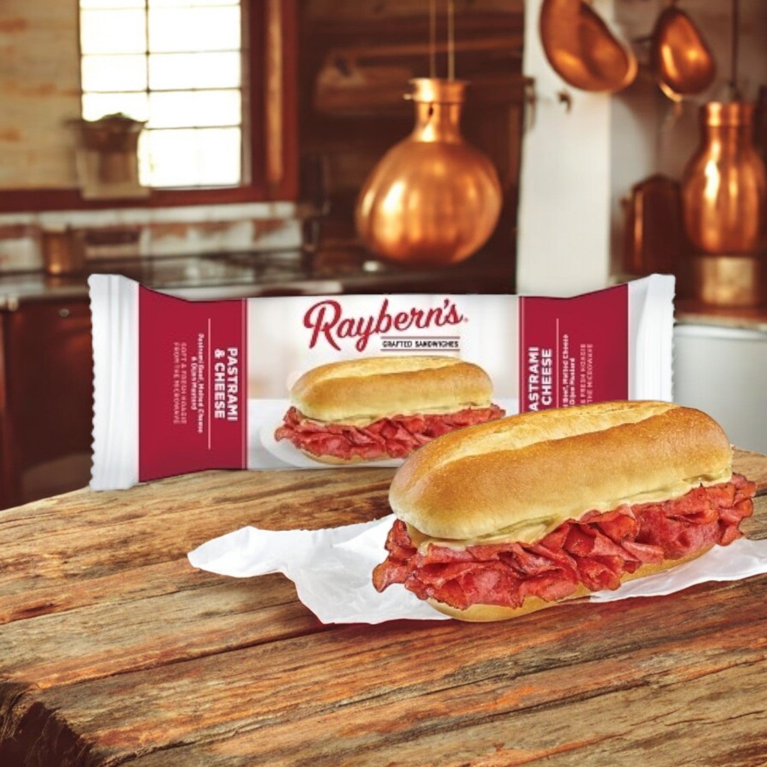 A Raybern's Individually Wrapped Pastrami & Cheese Sandwich, 5.5 oz, rests appealingly on a rustic wooden table against a cozy kitchen backdrop.