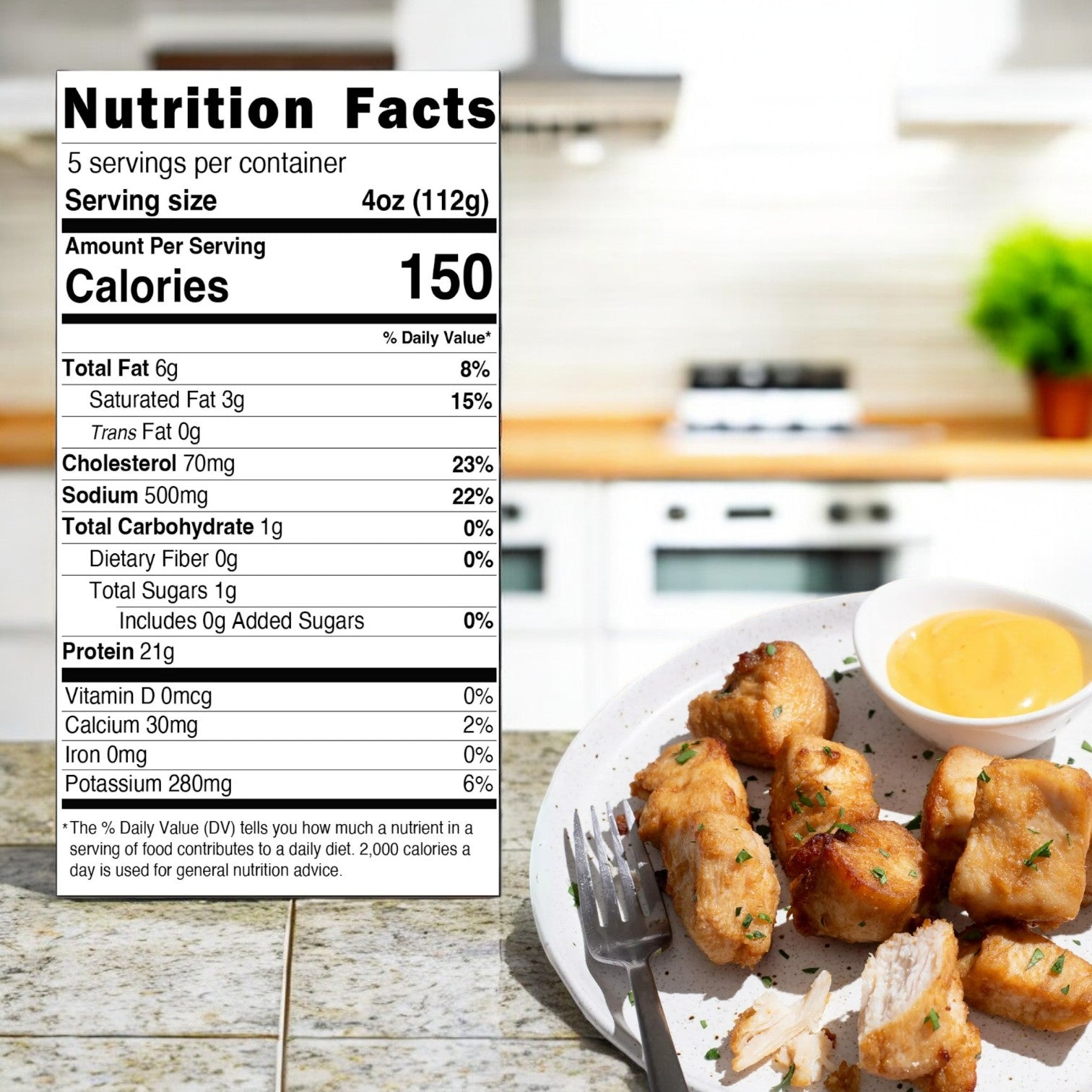 The Realgood Foods Co. Lightly Buttered Chicken Breast Chunks' nutrition label reveals 150 calories per serving, including fat, sodium, protein, vitamins, and minerals. In the background, a plate of these inviting chicken breast nuggets rests on the kitchen counter.