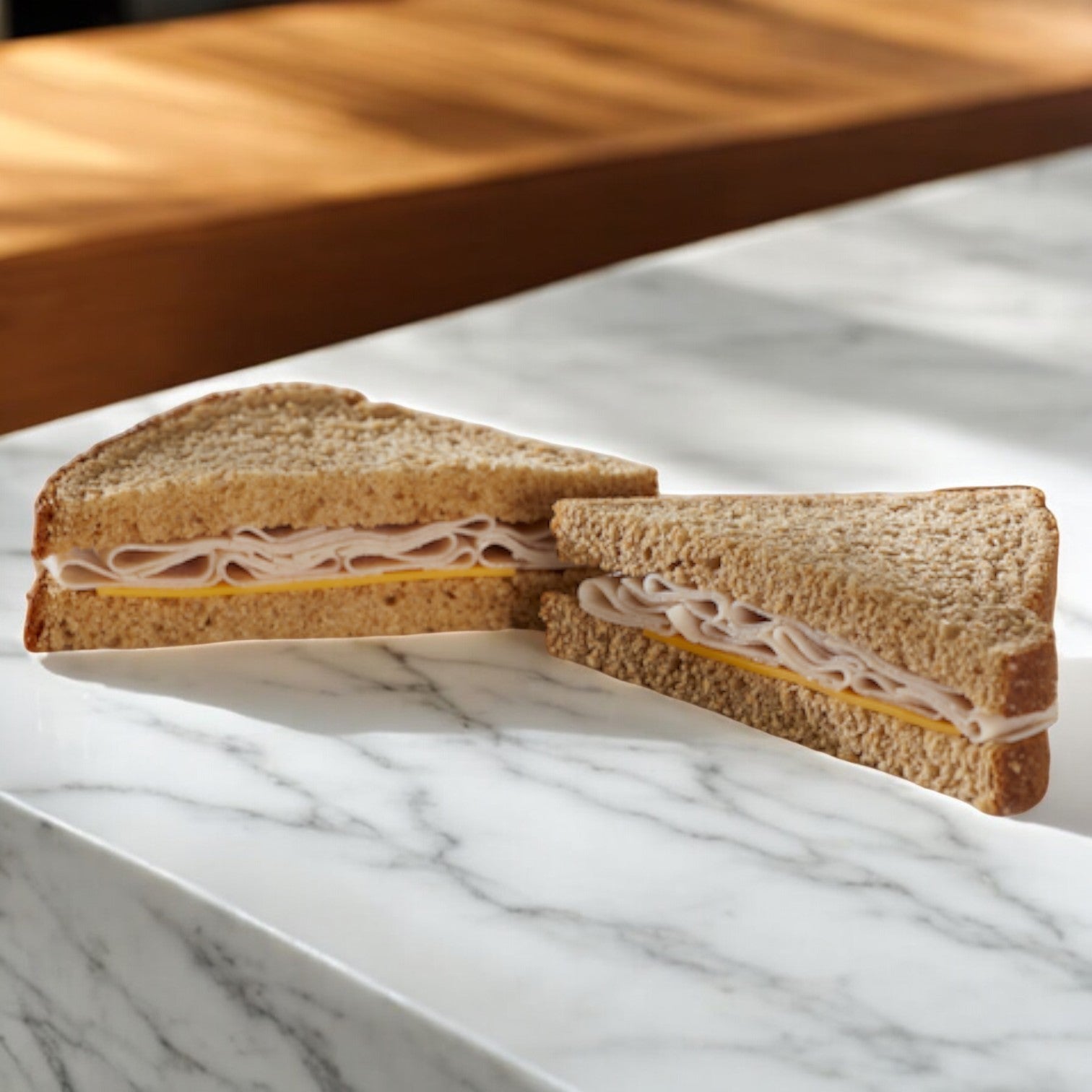 The E.A. Sween Oven Roasted Turkey & Cheese Sandwich Wedge, featuring oven-roasted turkey between two slices of whole wheat bread, is cut diagonally and served on a marble surface. It ships frozen and has a 30-day shelf life once out of the freezer.