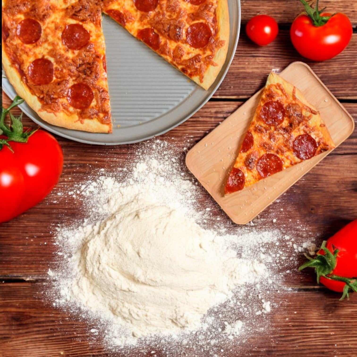 A Rosati's Pizza Crispy Thin Crust Pepperoni, weighing 20.75 oz, sits whole and sliced on a wooden board, surrounded by fresh tomatoes and dusted with flour.