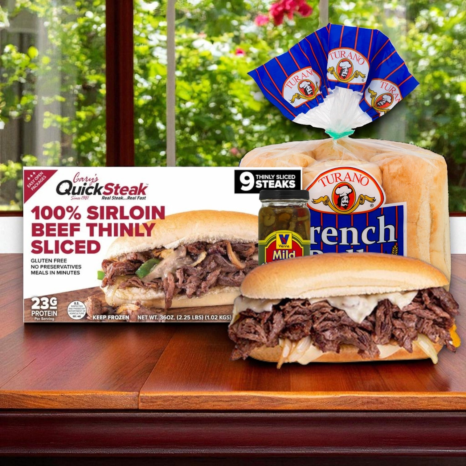 Gary's QuickSteak 100% Sirloin Beef Thinly Sliced Frozen Steak (2.25 lb), Vienna Giardiniera Mild (16 fl oz), & Turano French Rolls (16 oz)