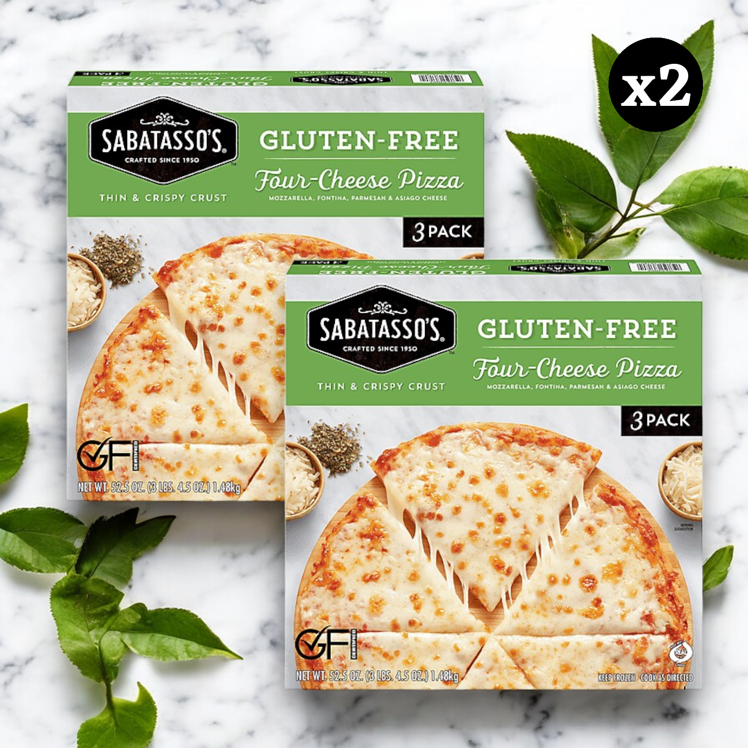 Two boxes of Sabatasso's Four Cheese Pizza, each containing three pizzas for a total of six, placed on a marble surface. These pizzas feature a thin and crispy stone-baked crust topped with mozzarella, fontina, parmesan, and asiago cheeses, offering the authentic taste of Italy.