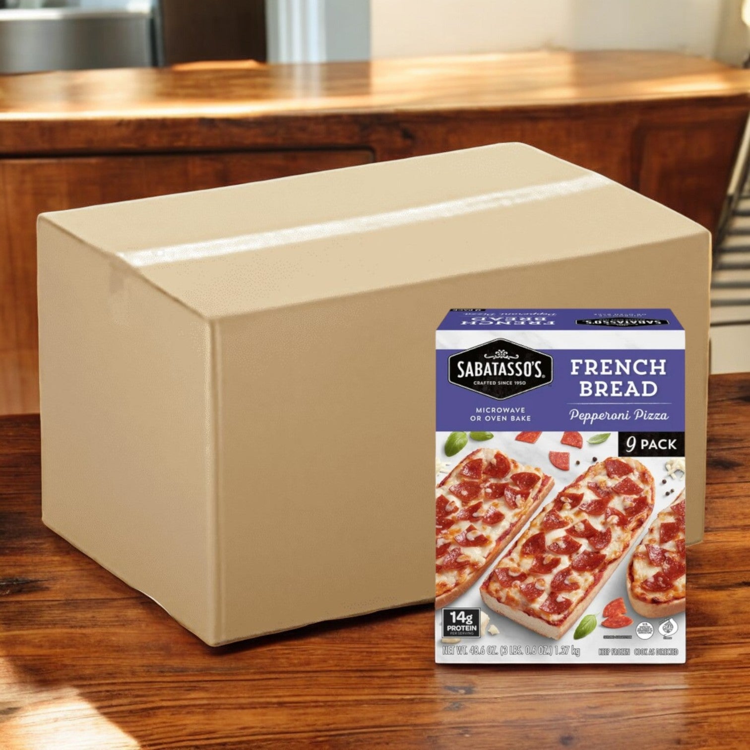 A large cardboard box sits on a wooden table beside a 4-pack case of Sabatasso's French Bread Pepperoni Pizza, 48.6 oz, promising a crispy texture with every bite.