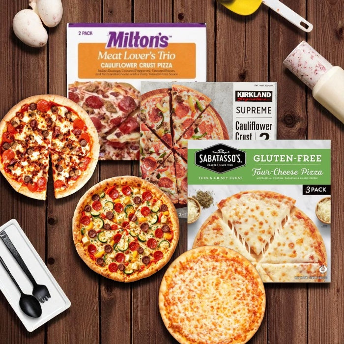 Sabatasso’s Four Cheese Pizza - 1 pack (3 Total Pizzas), Kirkland Cauliflower Crust Supreme Pizza, 2-count - (1 Pack) Milton’s Meat Lover’s Cauliflower Crust Pizza, 2-count - ( 1 pack) - Gluten Free Pizza Bundle (3 Items Total)