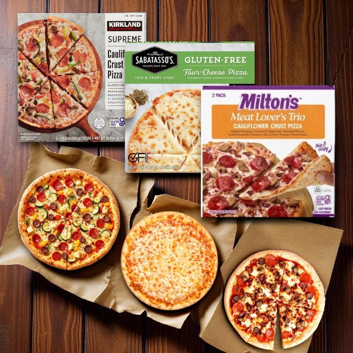 Sabatasso’s Four Cheese Pizza - 1 pack (3 Total Pizzas), Kirkland Cauliflower Crust Supreme Pizza, 2-count - (1 Pack) Milton’s Meat Lover’s Cauliflower Crust Pizza, 2-count - ( 1 pack) - Gluten Free Pizza Bundle (3 Items Total)