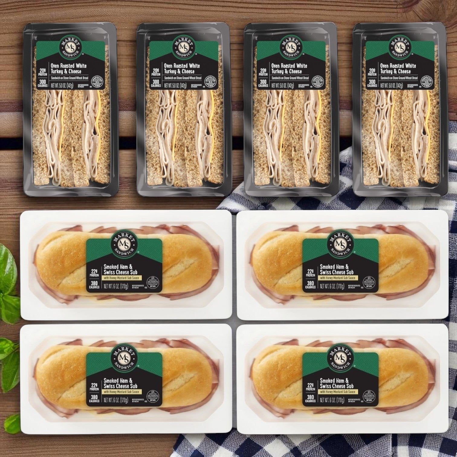 Market Sandwich Combo – 4 Turkey & Cheese Wedge Sandwiches (5 oz) + 4 Smoked Ham & Swiss Subs (6 oz), 8 Individually Wrapped Sandwiches
