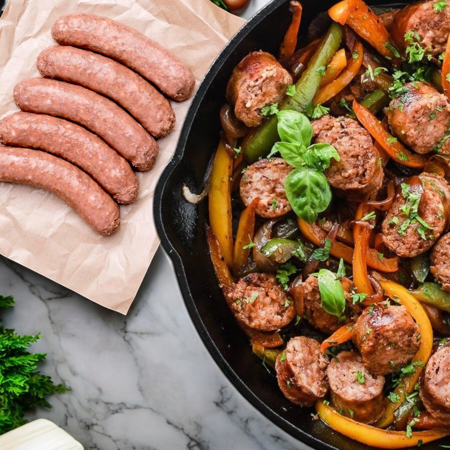 Beyond Meat Sausage Vegetarian Italian Sweet on butcher paper beside a skillet of cooked sausage slices with bell peppers and herbs on a marble surface.