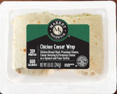 The Easy Lunches Sandwich Variety Pack, ideal for office meals, includes the Chicken Caesar Wrap with chicken breast, provolone cheese, Parmesan, and Caesar dressing in a tortilla. Each wrap has 35g protein, 660 calories and is packaged in a plastic container. Ships frozen; lasts 30 days when refrigerated.
