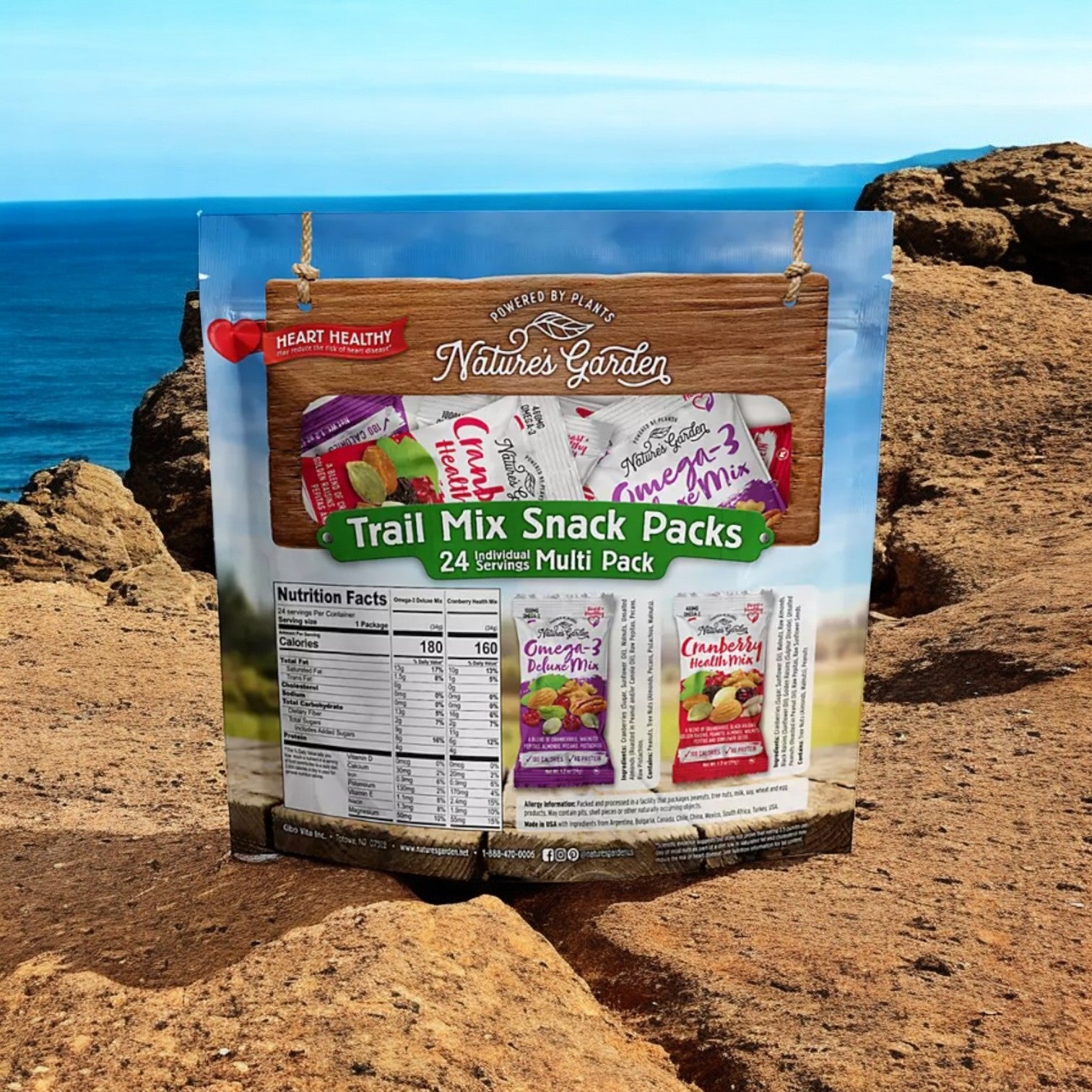 Nature Garden's Trail Mix Snack Packs, 1.2 oz., 24 pk./3 bags, displayed on rocky coastal terrain offers a nutritious blend ideal for healthy snacking.