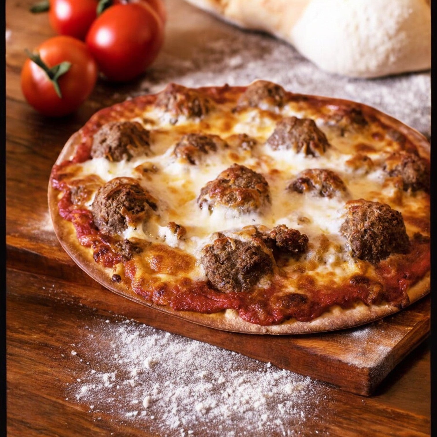 Enjoy the Bartolini's Pizza 3 Count Combo by Easy Lunches, featuring meatballs and melted cheese on a wooden board. Surrounded by fresh tomatoes and a touch of flour, this combo captures the essence of classic pizza flavors in every bite.