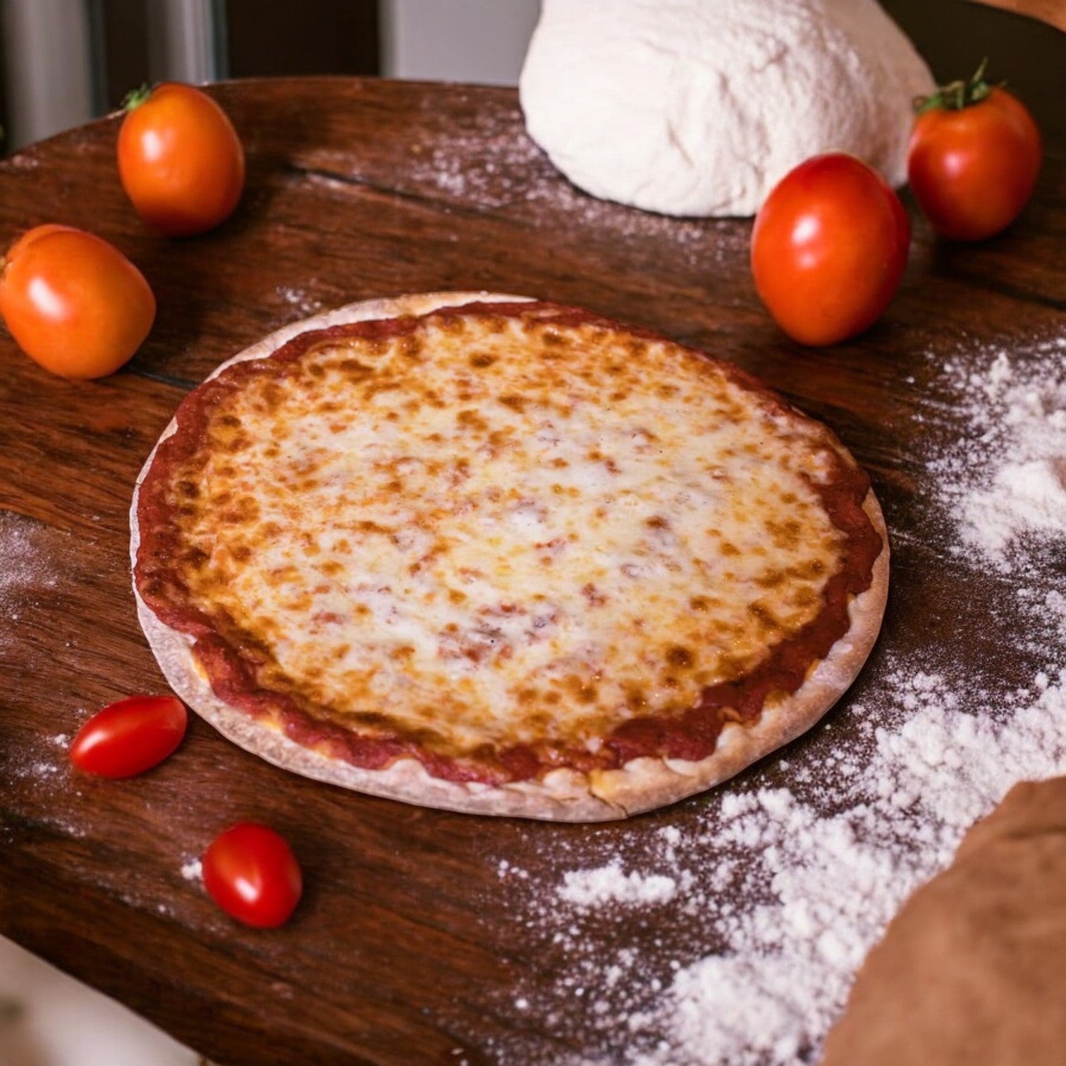 Bartolini's Thin Crust Cheese Pizza-1 Count rests on a wooden surface, surrounded by fresh tomatoes and flour, with dough in the background. Topped with mozzarella cheese and a hint of tangy tomato sauce, it's a simple yet delicious masterpiece by Bartolini's.