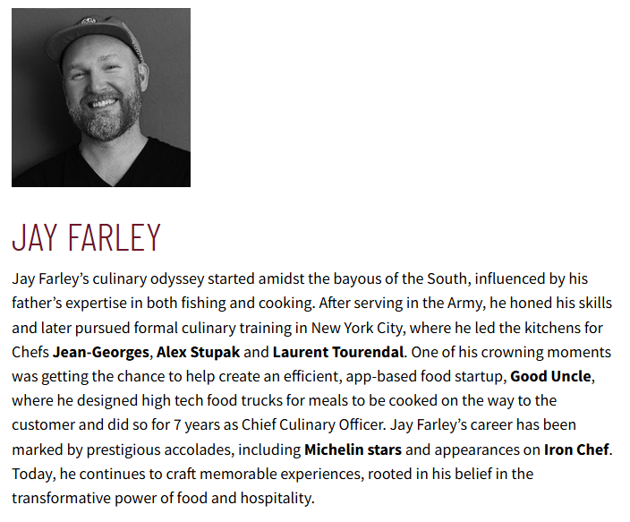 A headshot of a smiling man in a casual shirt and cap is accompanied by text detailing Chef Jay Farley’s expertise in Indian cuisine, his notable plant-based collaborations such as FoodHaul's Chana Masala, achievements, and ongoing contributions.