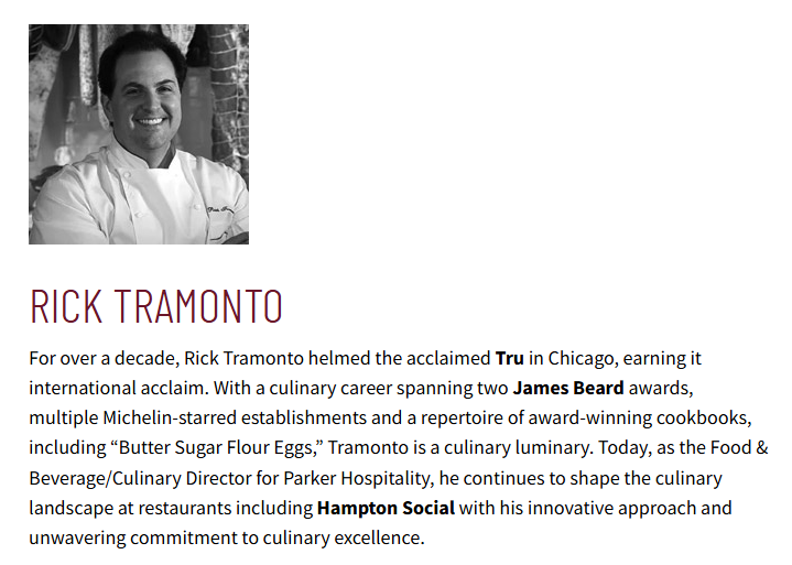 Chef Rick Tramonto's profile highlights his culinary achievements, awards, and role at Parker Hospitality. His passion for innovation is evident in his smiling portrait and plant-based creations like FoodHaul's Rick's Vegan Mac & Cheese.