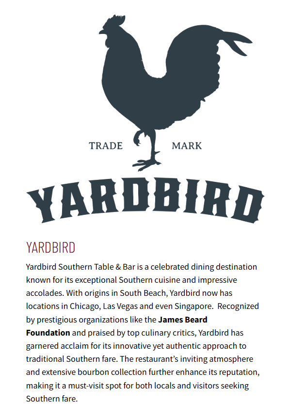 The Yardbird logo shows a rooster silhouette with text beneath, highlighting it as a top dining venue for Southern cuisine. Renowned dishes include FoodHaul Braised Short Ribs by Easy Lunches, with locations in Chicago, Las Vegas, and Singapore.