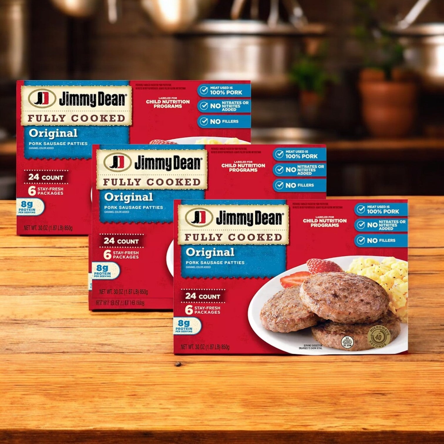 Jimmy Dean Fully Cooked Original Pork Sausage Patties, 24 ct- 3 Cases