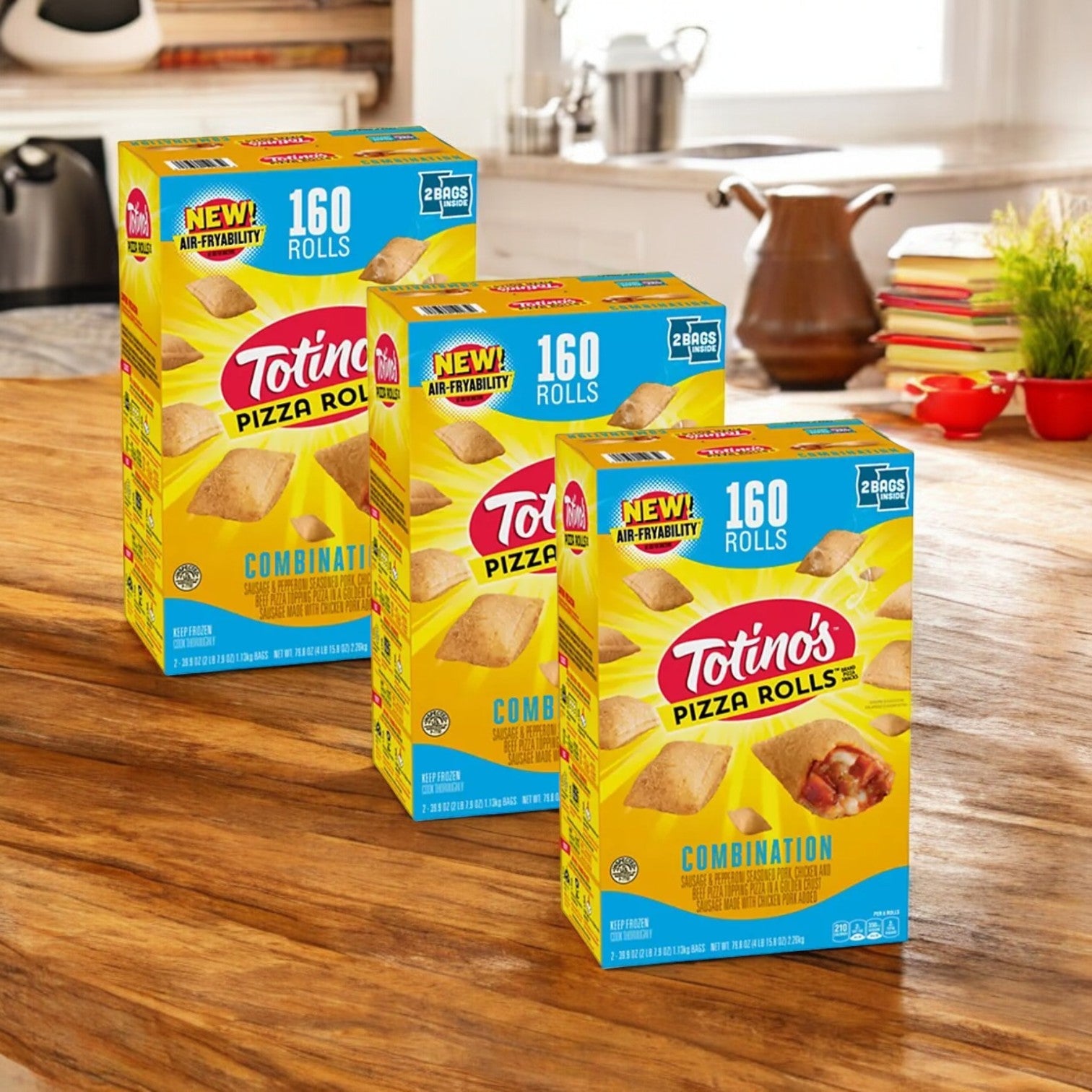 Three boxes of Easy Lunches Totino's Pizza Rolls Combination, totaling 79.8 oz., sit on a kitchen counter.