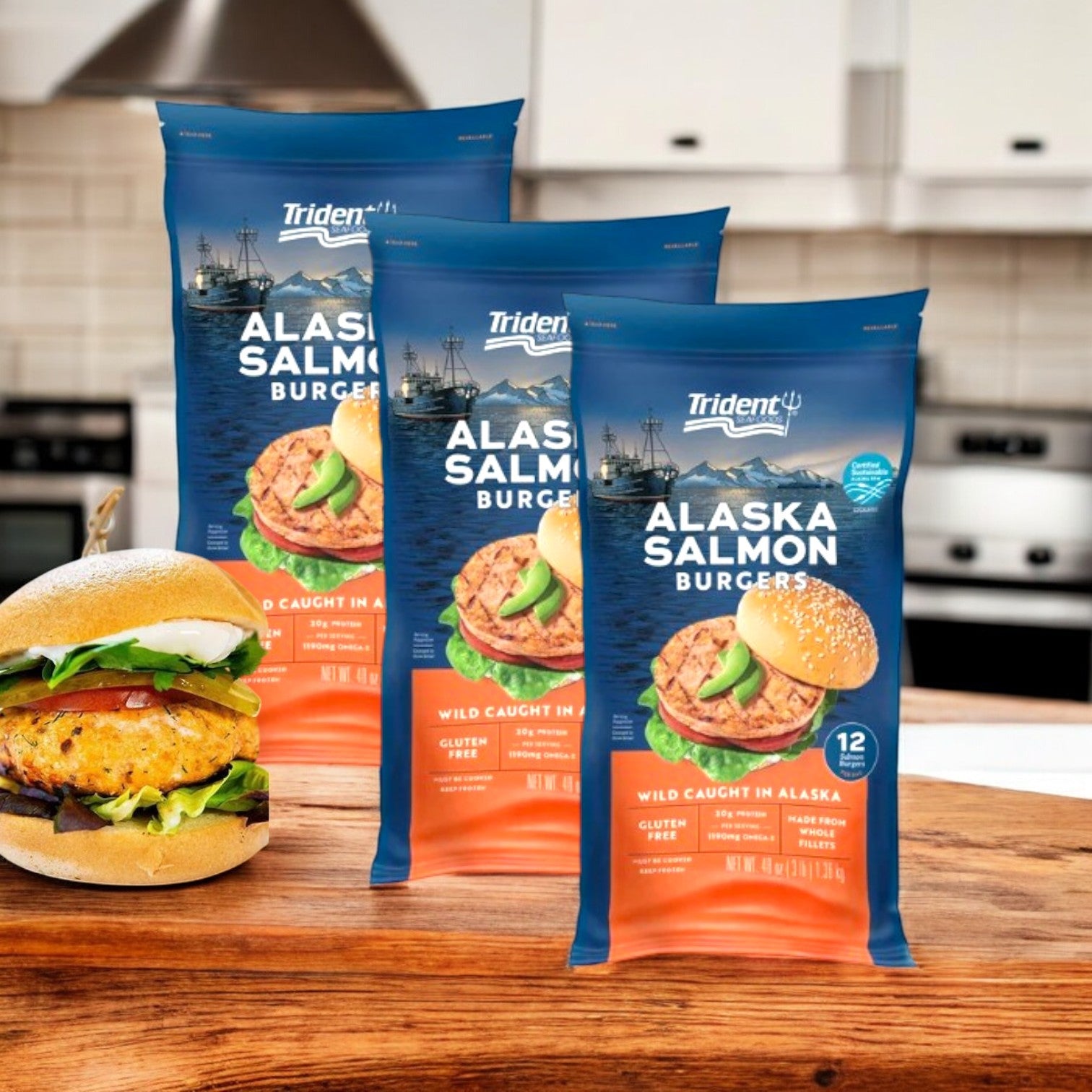 Trident Seafoods Alaskan Salmon Burgers, 48 oz- 3 Count