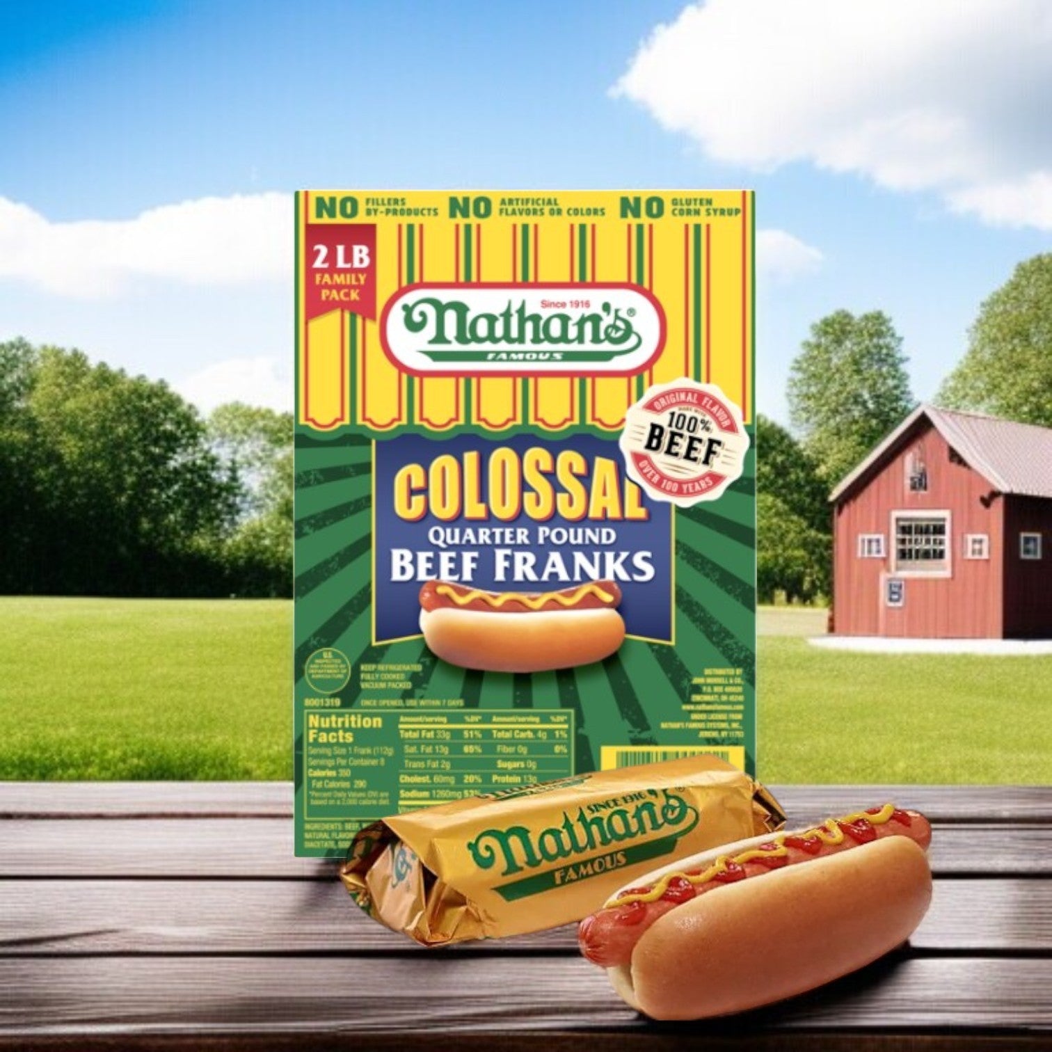 Nathan’s Famous Colossal Beef Franks – 32 oz Pack (8 Hot Dogs)