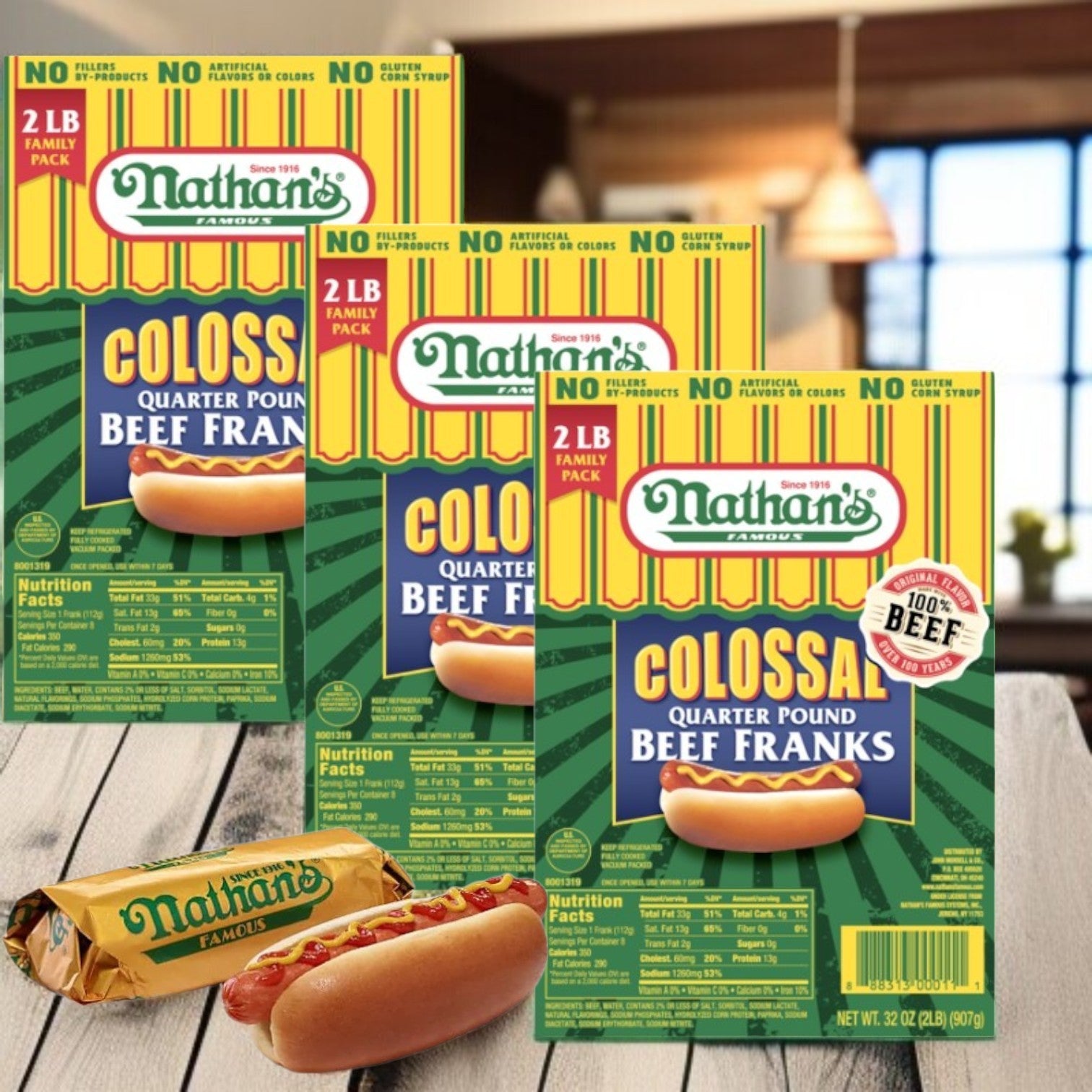 Nathan’s Famous Colossal Beef Franks – 3 Family Packs (32 oz Each), 24 Hot Dogs Total
