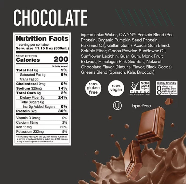 OWYN Pro Elite 32g Keto Plant Protein Shake, Chocolate ,15 Pack- 1 Case
