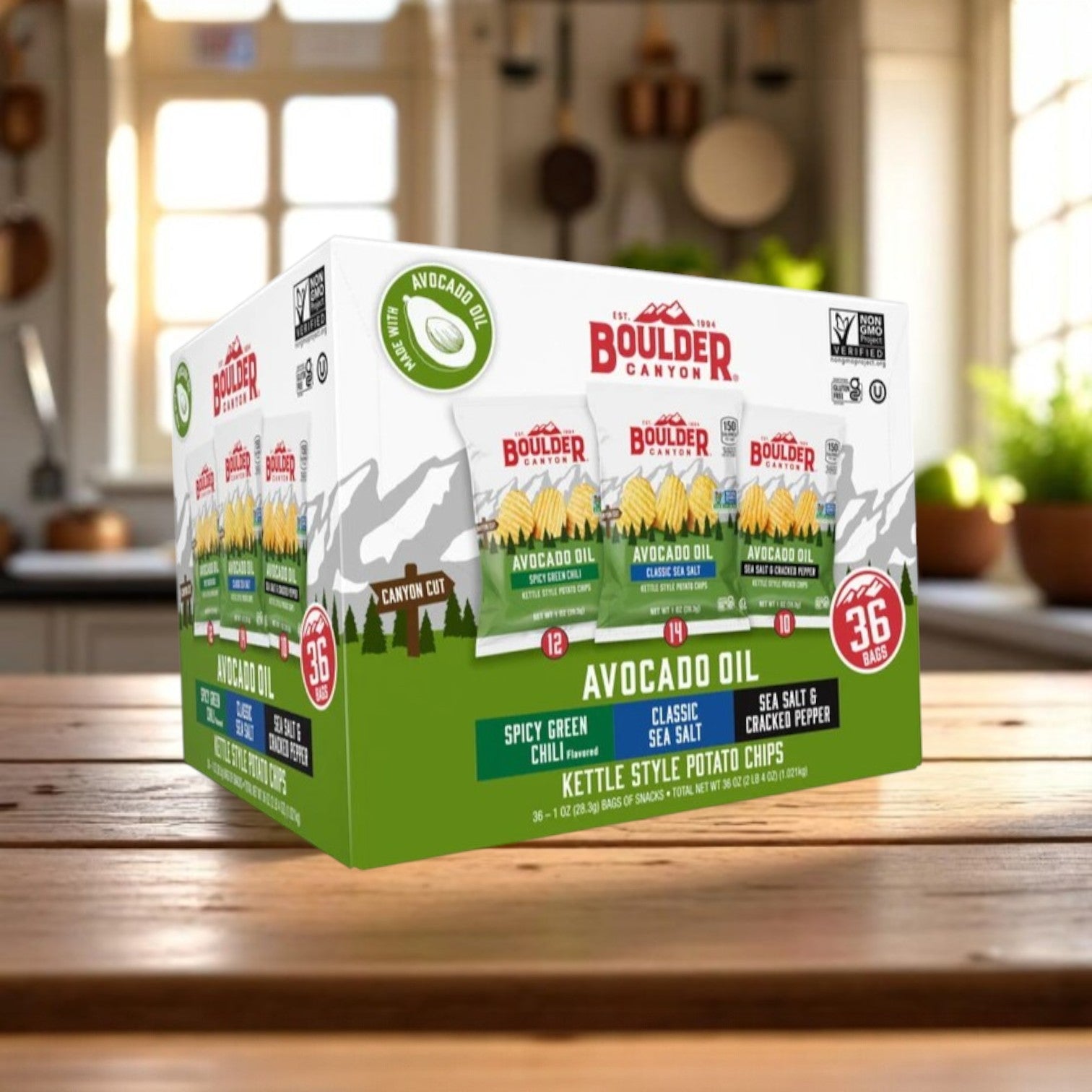 Boulder Canyon Avocado Oil Kettle Style Potato Chips, Variety Pack- 36 Count- 1 Case