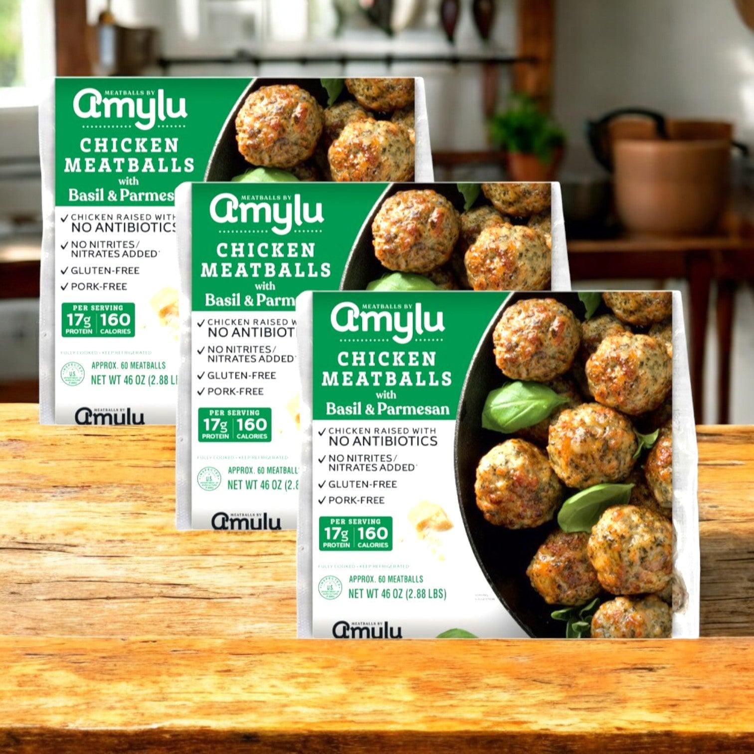 Amylu ABF Chicken Meatballs with Parmesan & Basil, 46 oz-3 Count
