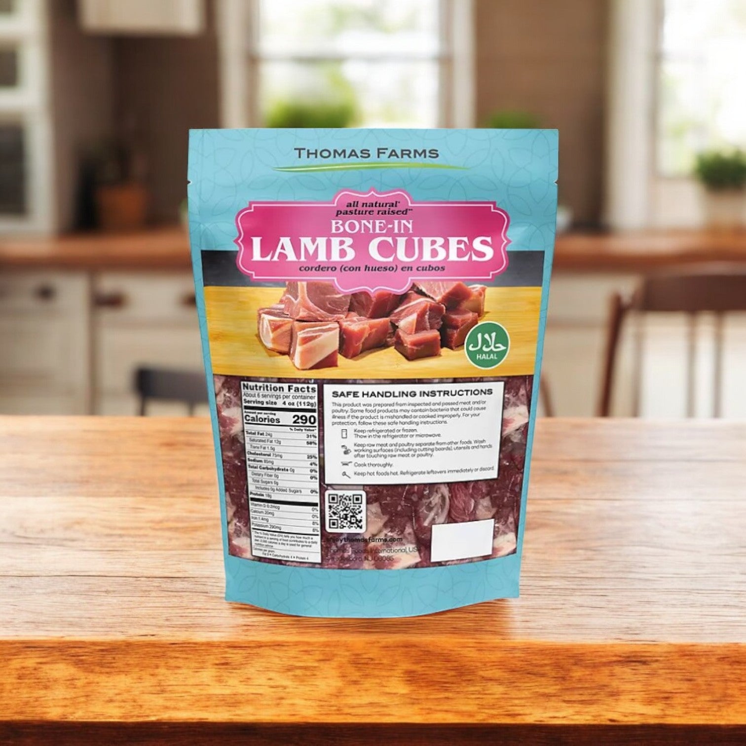 A pack of Thomas Farms Australian Bone In Lamb Cubes, Frozen, 2 lbs.-1 Pack rests on a wooden counter with the front label showing nutritional info and safe handling instructions. These halal lamb cubes are ideal for hearty, flavorful meals.