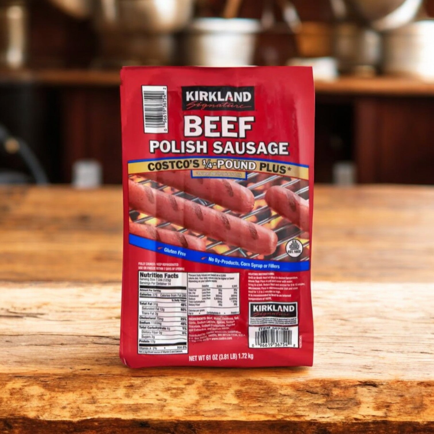 Kirkland Signature Beef Polish Sausage, Costco's 1/4 lb Plus, 14 Links, 3.81 lbs- 1 Pack