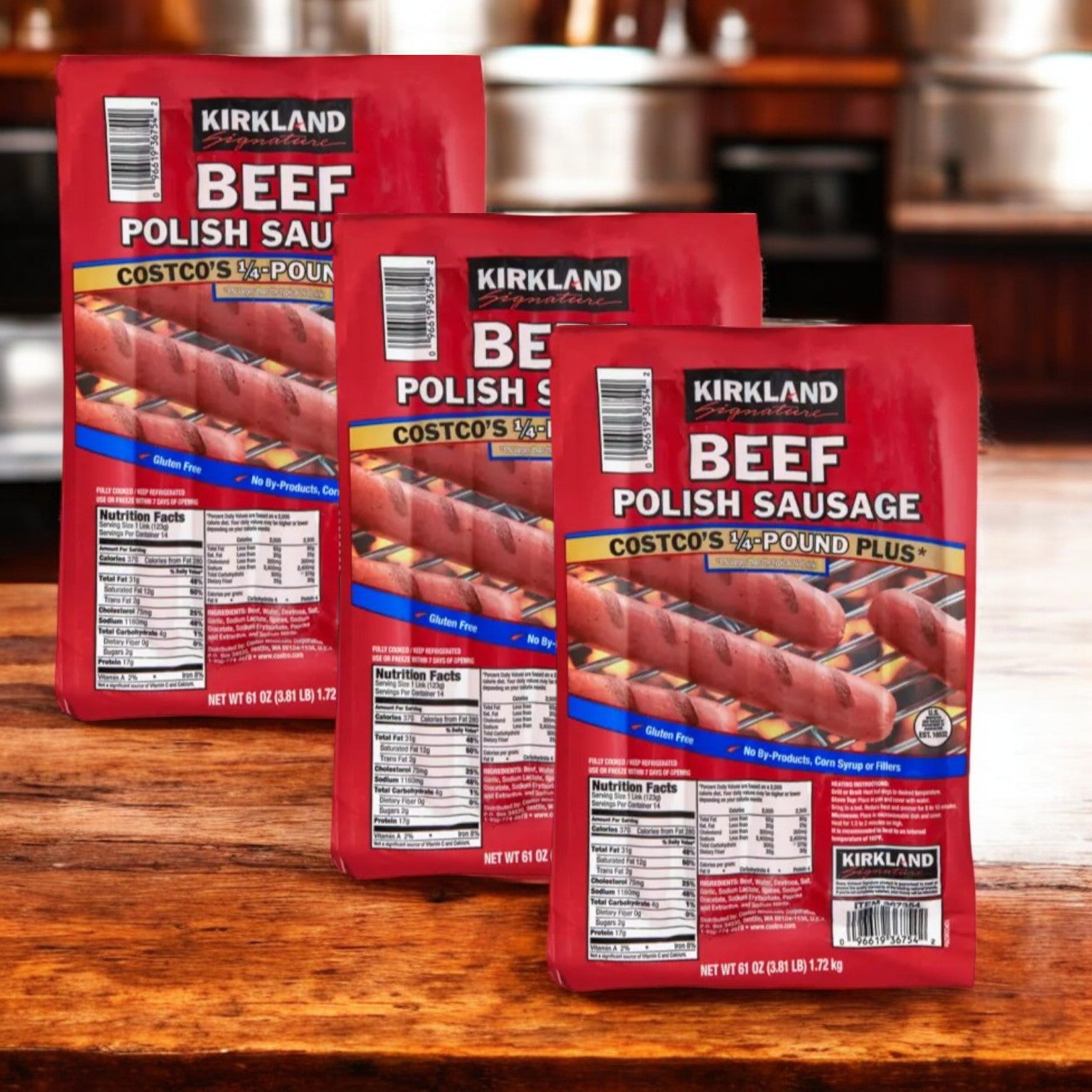 Kirkland Signature Beef Polish Sausage, Costco's 1/4 lb Plus, 14 Links, 3.81 lbs- 3 Packs