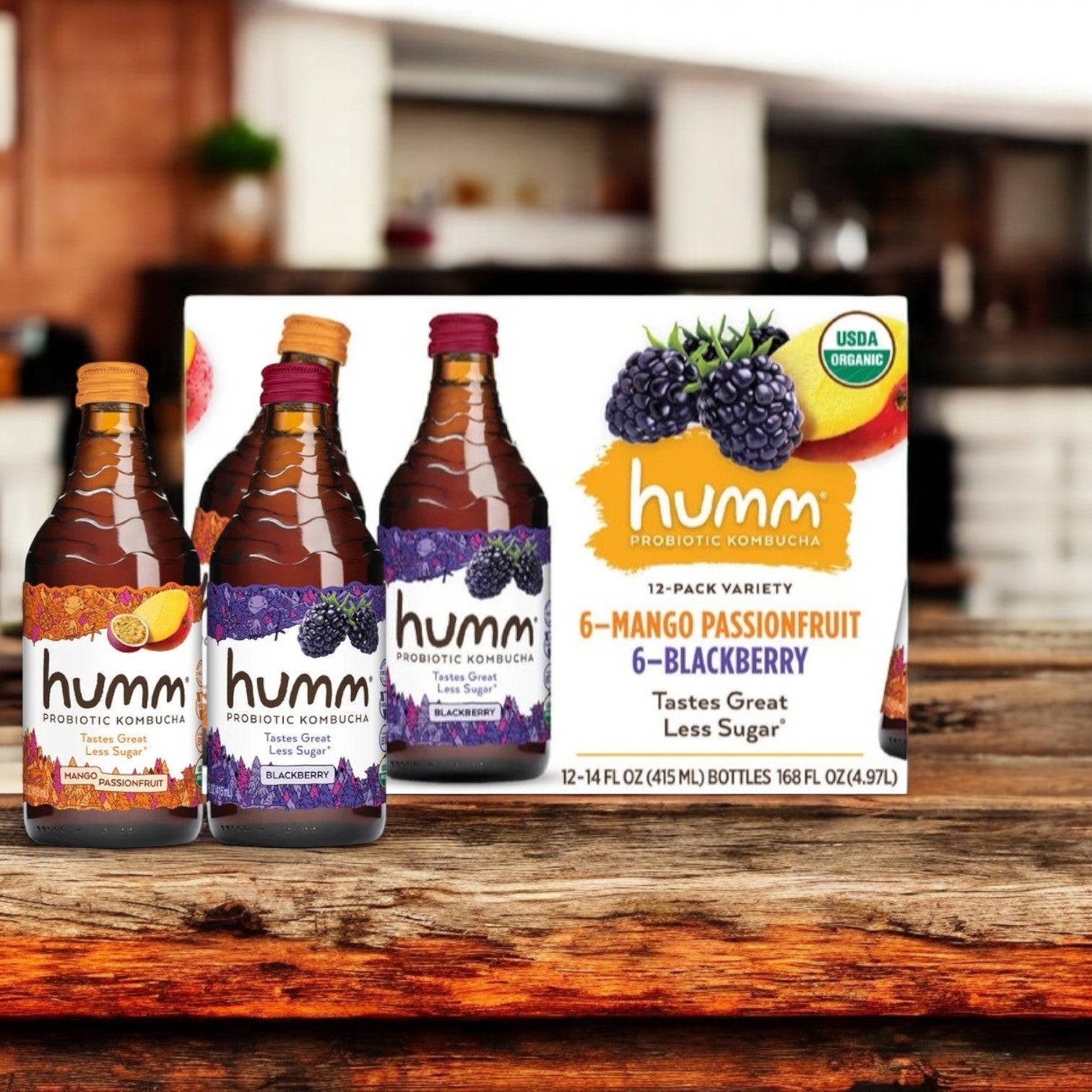 Humm Organic Probiotic Kombucha, Variety Pack, 14 FL OZ, 12 Count- 1 Case