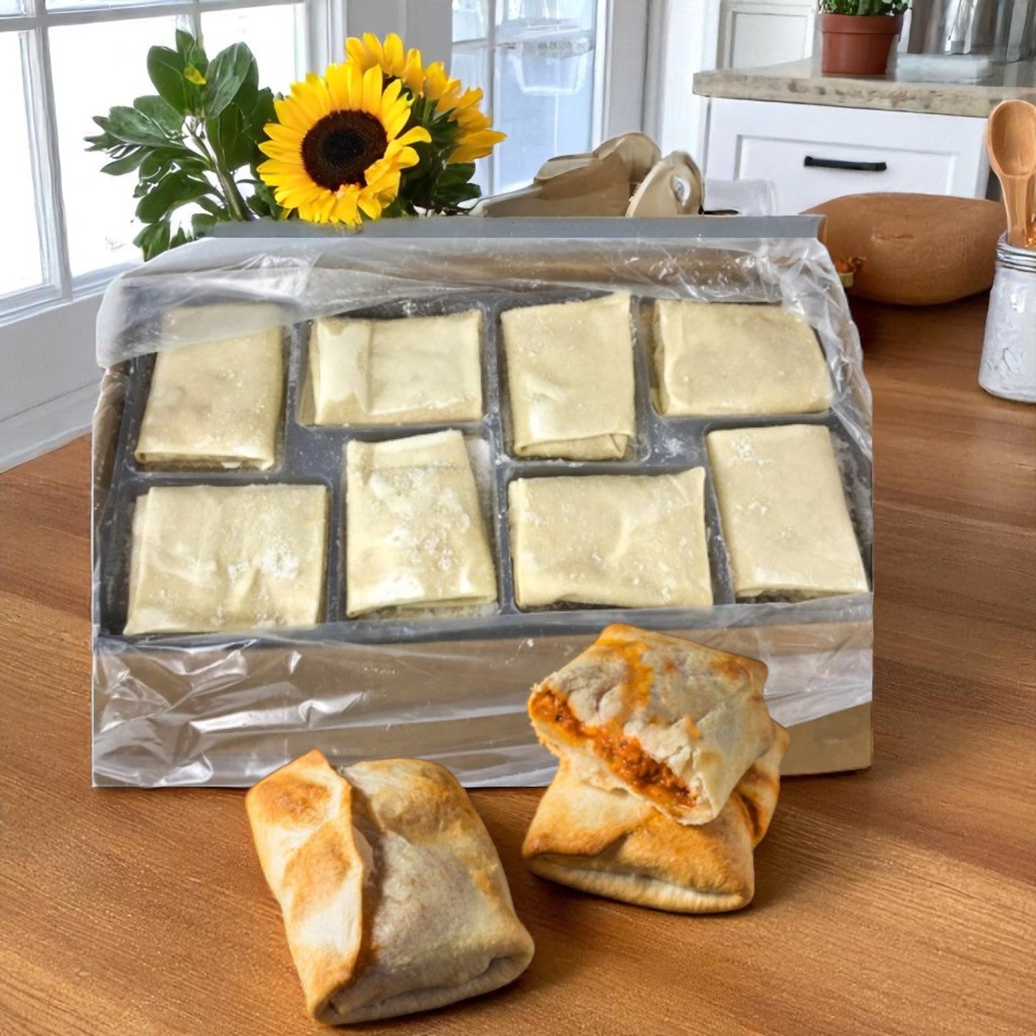 A tray of Iltaco Puff Sausage & Cheese Pizza pastries from Itaco Foods (48 Pack, 6 oz each) sits on a kitchen counter, three baked in front—a tasty frozen snack ideal for foodservice settings.