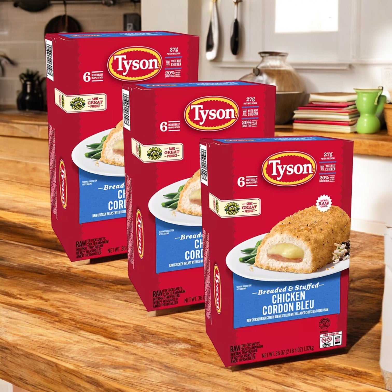 Tyson Breaded Boneless Raw Stuffed Chicken Breasts with Rib Meat Cordon Bleu, Frozen 3 Count