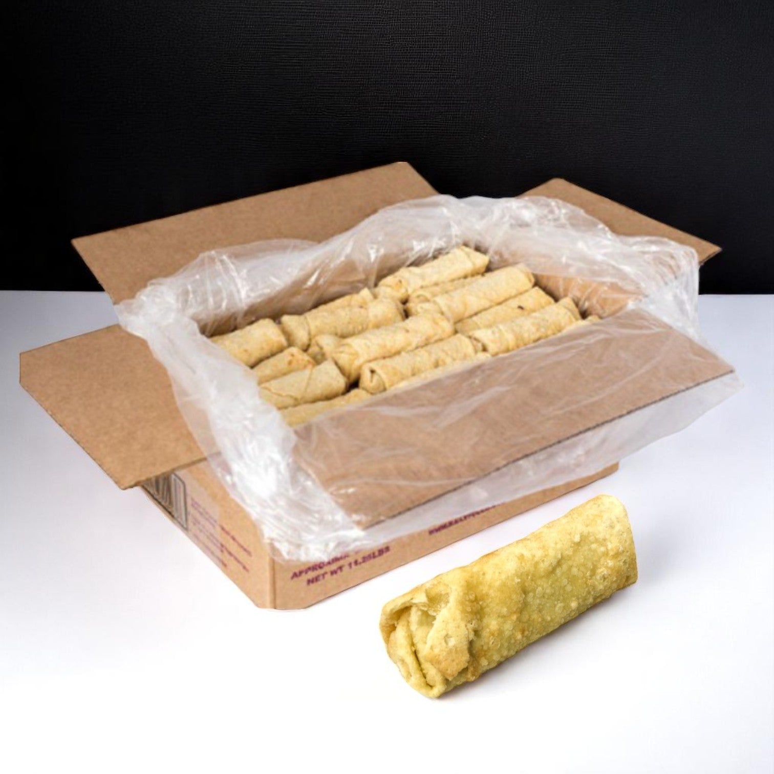 Sysco Eggroll Pork Affinity, 2 oz, 120 count per case—packed in a plastic-lined box with one shown on a white surface—ideal for foodservice or serving frozen Asian-style appetizers.