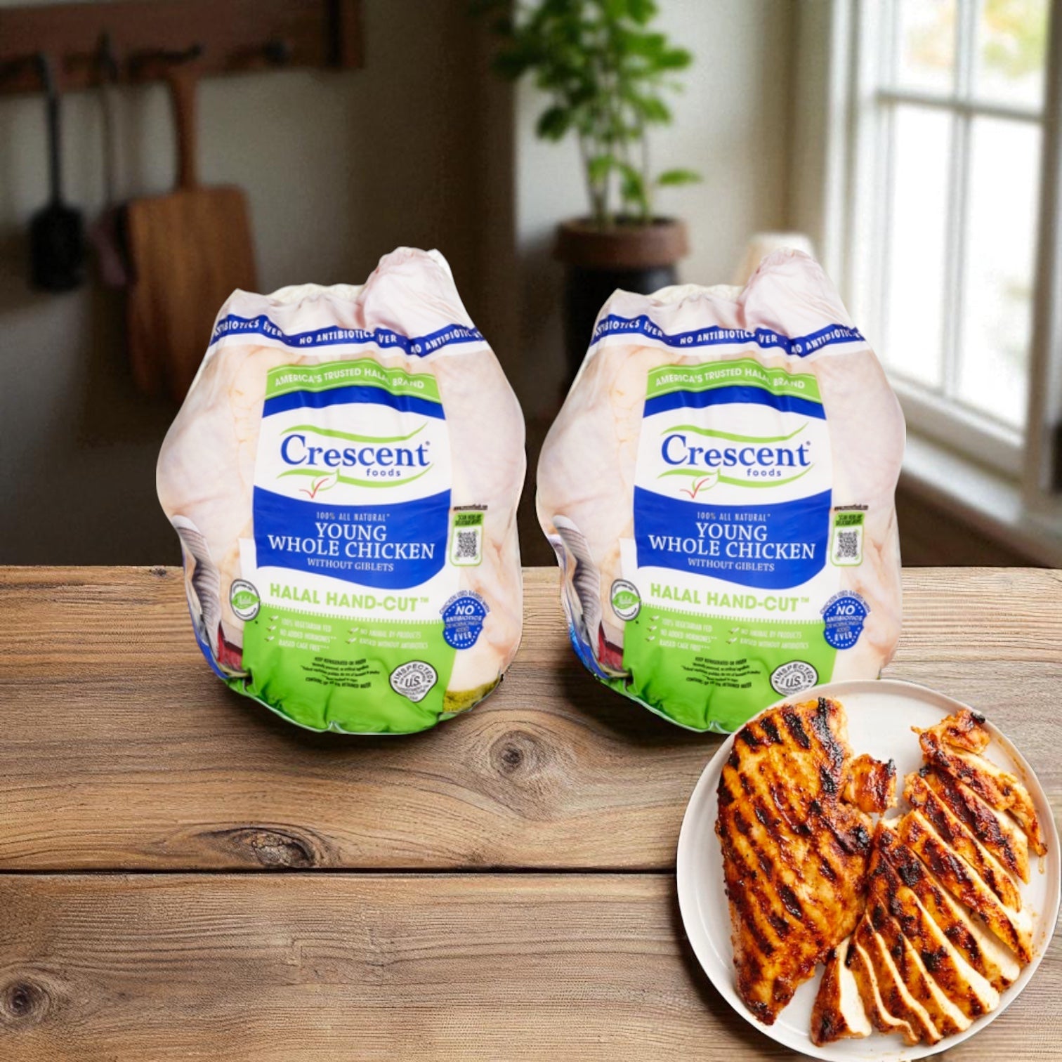 Crescent Foods Halal Hand-Cut Young Whole Chicken Without Giblets, 3 lbs, 2 ct