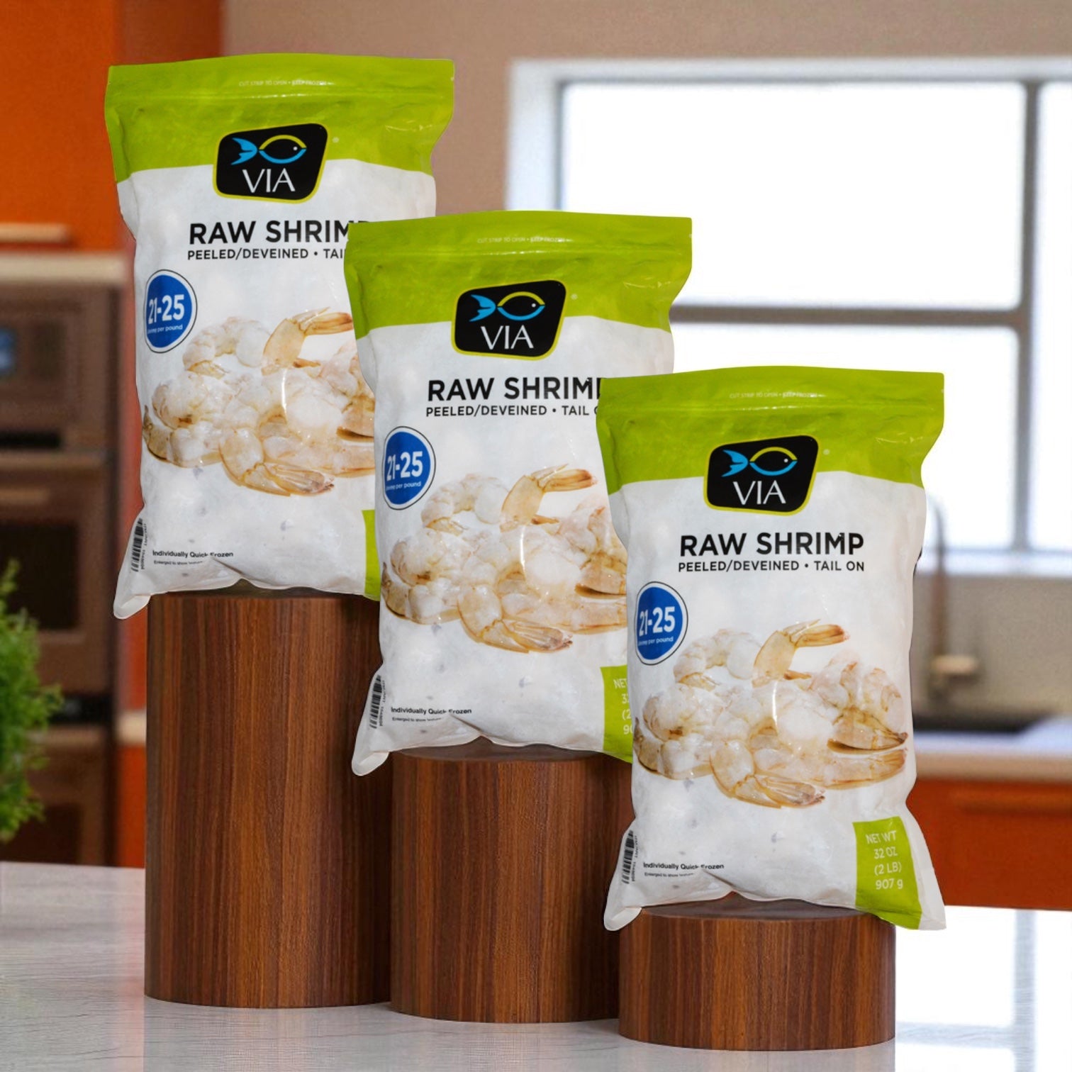 VIA Farm-Raised Raw Shrimp, Tail-On, Peeled, Deveined, 21-25 ct, 2 lbs - 3 Count