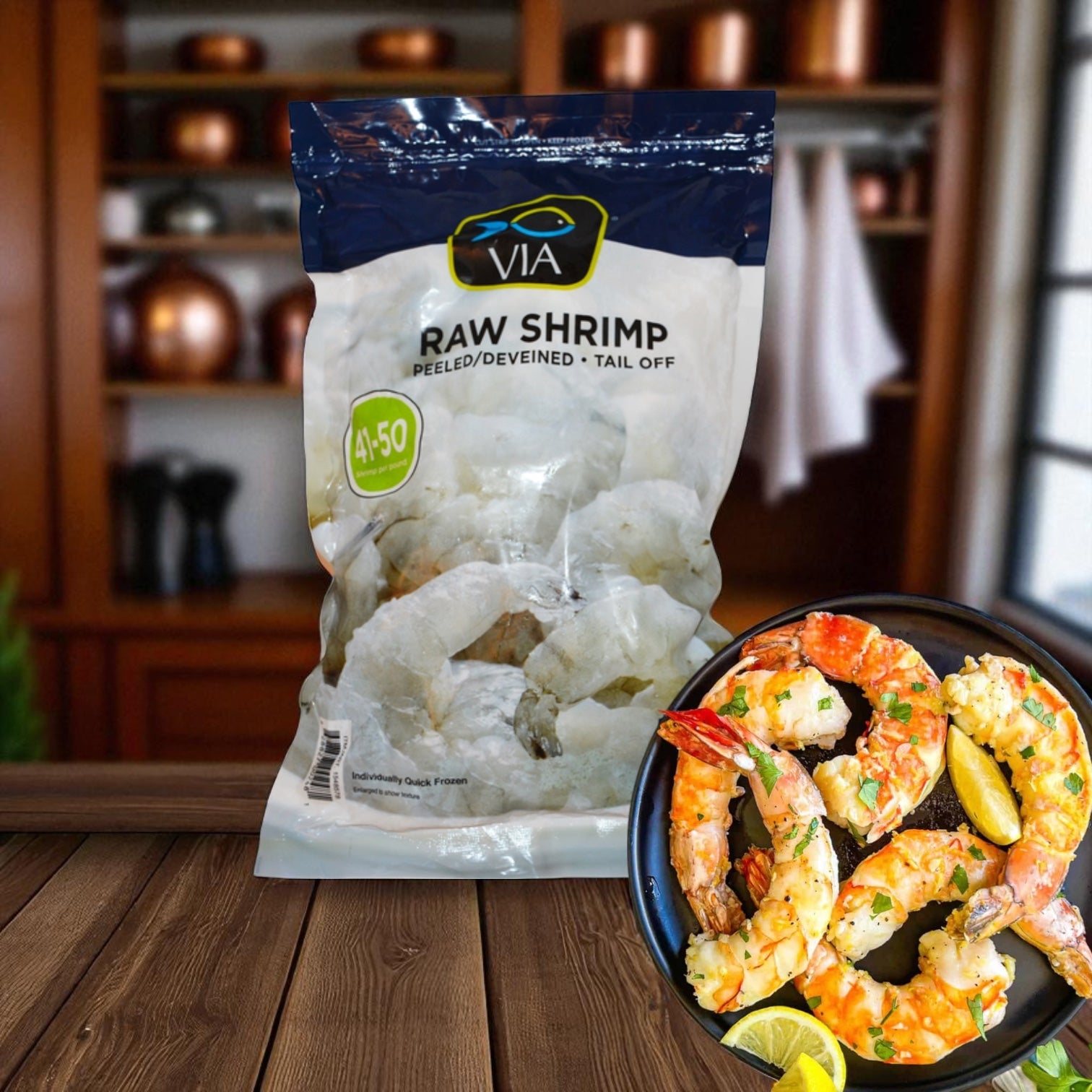 VIA Farm-Raised Raw Shrimp, Tail-Off, Peeled, Deveined, 41-50 ct, 2 lbs