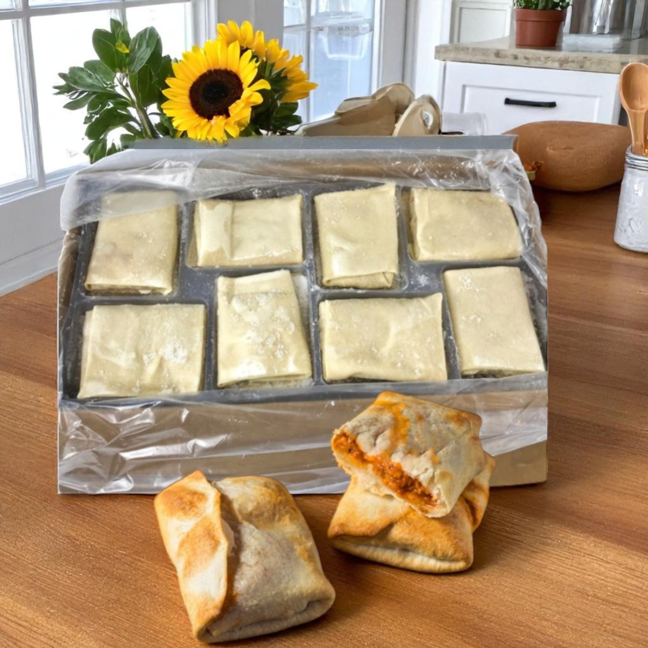 A tray of nine unbaked pastry squares rests on a wooden counter, with three Sysco Iltaco Puff Sausage & Cheese Pizza (48 pack, 6 oz each) in the foreground and a vase of sunflowers in the background.