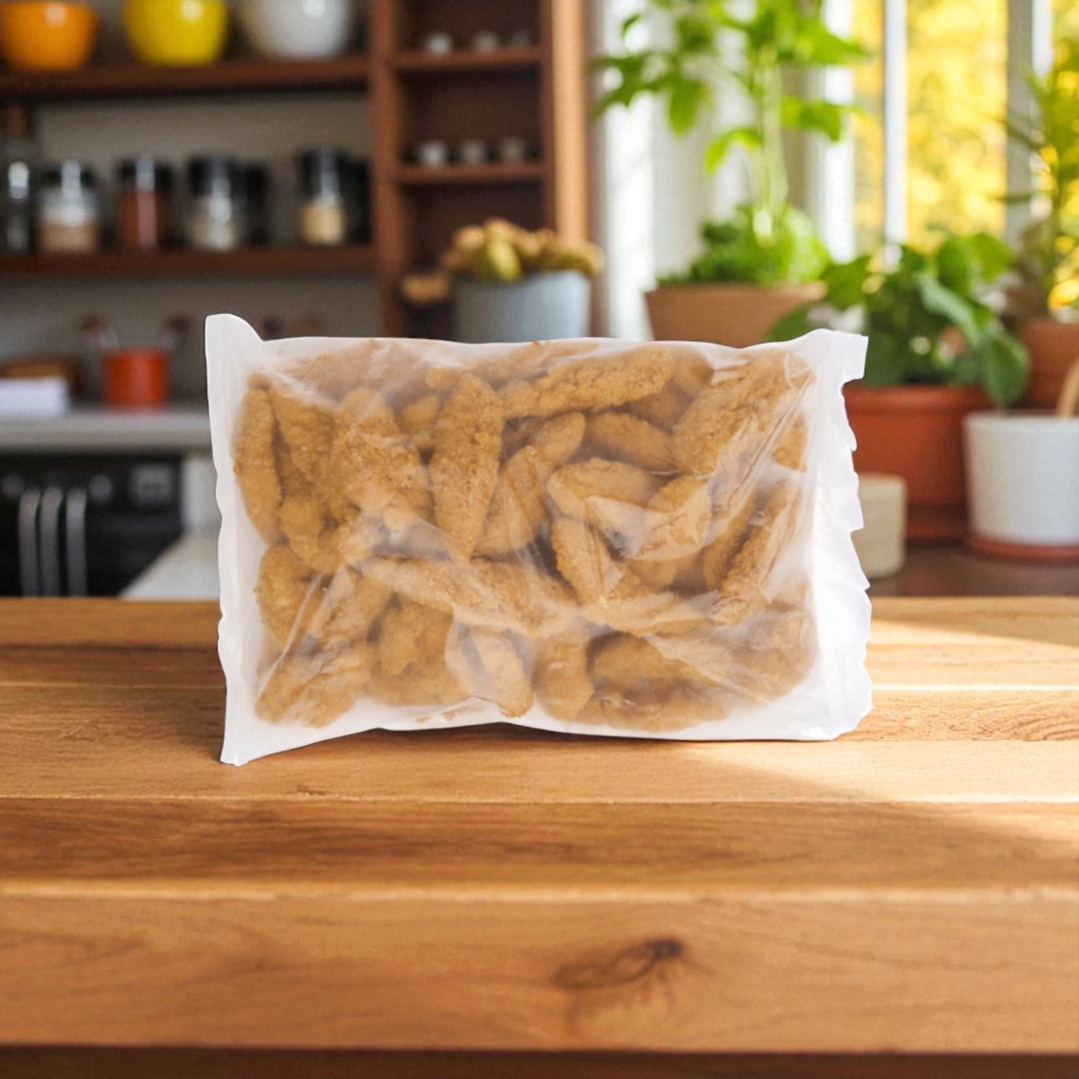 A 5 lb bag of Tyson Gluten Free Breaded Chicken Tenderloins sits on a kitchen counter, with shelves and potted plants in the background. The package contains 2 count from Tyson Foods.