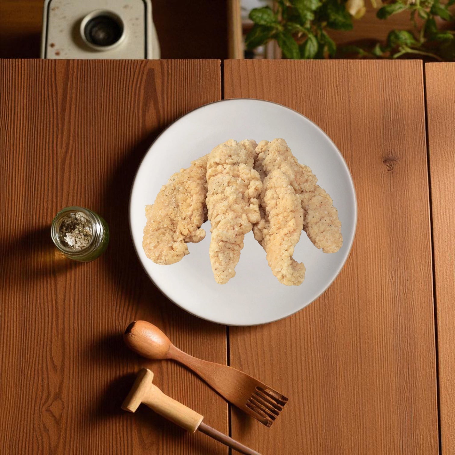 A white plate with four fully cooked Tyson Foods Gluten Free Chicken Tenderloins Breaded from a 5 lb bag sits on a wooden table beside a small jar of spices and wooden cooking utensils.