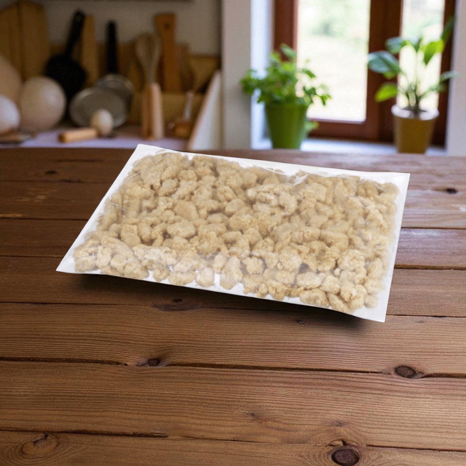 A sealed Tyson bag of Chicken Popcorn Breast Bites sits on a kitchen table, surrounded by utensils and potted plants—ideal for foodservice or as a chicken breast filet alternative. (Item: Tyson Foods Chicken Popcorn Breast Bites Breaded 5 lb Bag - 2 Count).