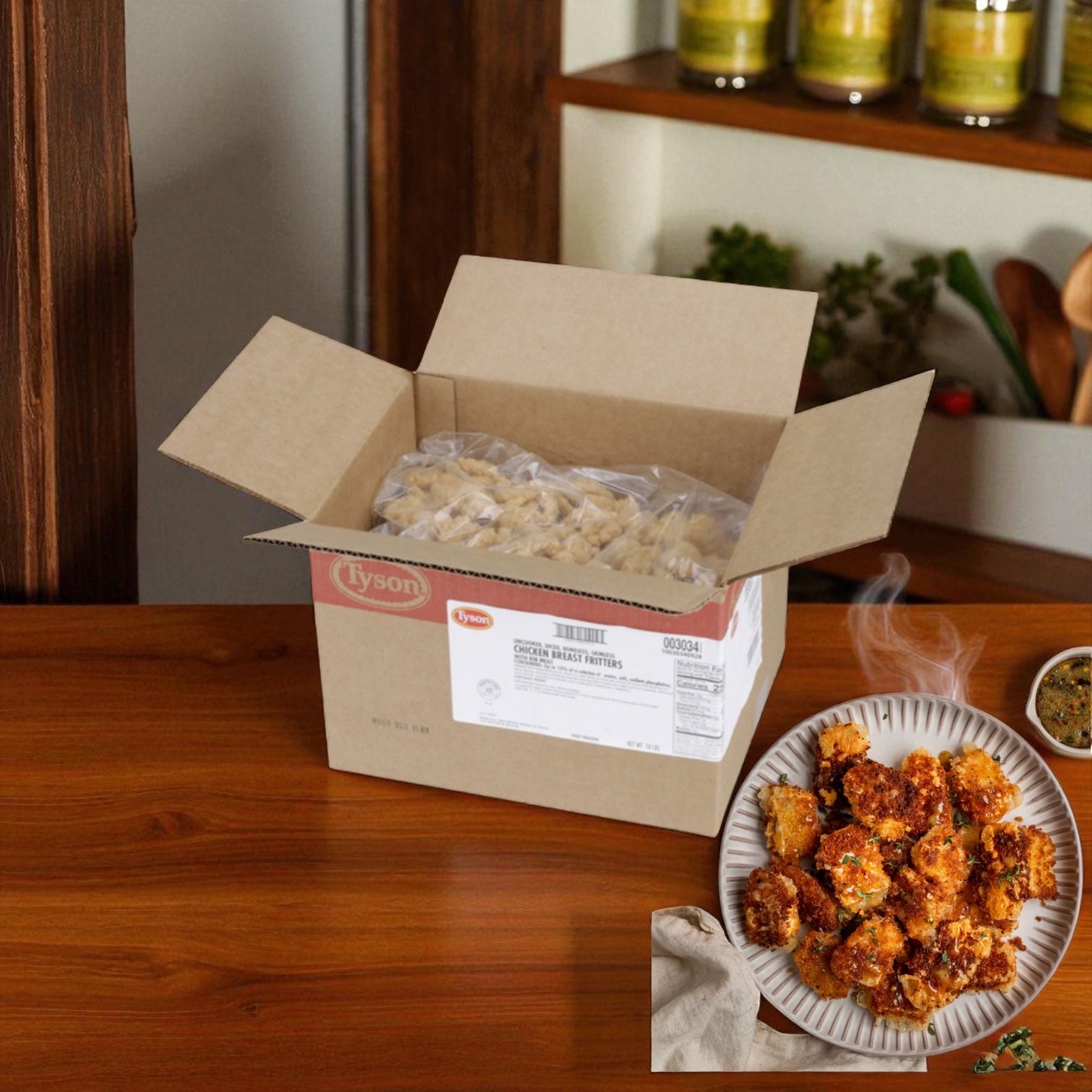 An open bag of Tyson Foods Chicken Breast Filet Tenderpress (5 lb, 2 count) sits on a wooden table, with cooked filets and dipping sauce beside it—ideal for foodservice settings.