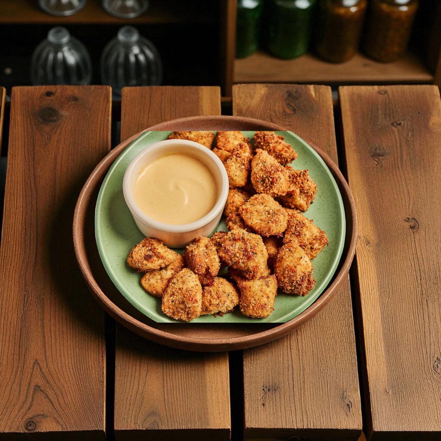 A green plate displays Tyson Chicken Popcorn Breast Bites, breaded and served with dipping sauce, on a brown wooden surface. Product: Tyson Foods Chicken Popcorn Breast Bites Breaded 5 lb Bag - 2 Count.
