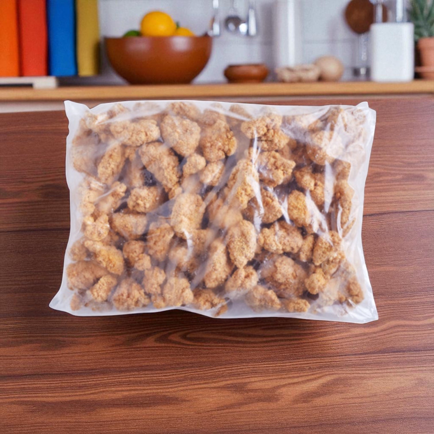 A 5 lb bag of Tyson Foods Chicken Boneless Wings, Breaded and Fully Cooked, sits on a kitchen counter, ready for foodservice use. The product comes in a 2-count pack from the Tyson brand.