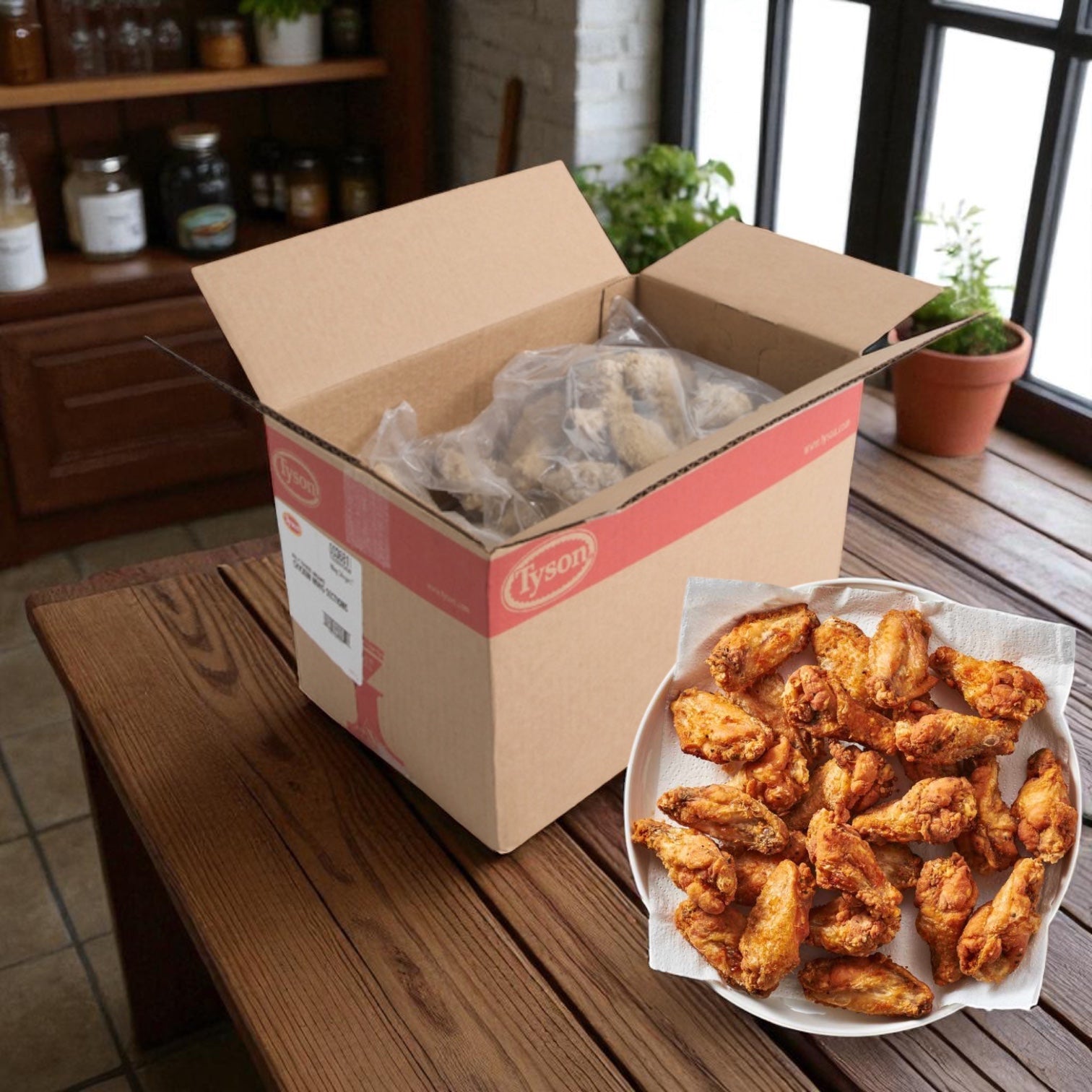 A cardboard box labeled Tyson contains Tyson Foods Chicken Wing Stinger Pre-cooked 1st & 2nd Joints (5 lb Bag, 2 Count) on a wooden table; an inset shows a plate of cooked chicken wings.