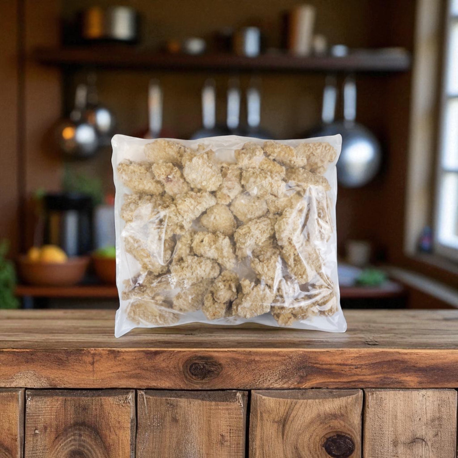 A sealed Tyson Foods Chicken Wing Stinger Pre-cooked 1st & 2nd Joints 5 lb Bag sits on a wooden counter, with a blurred kitchen in the background.