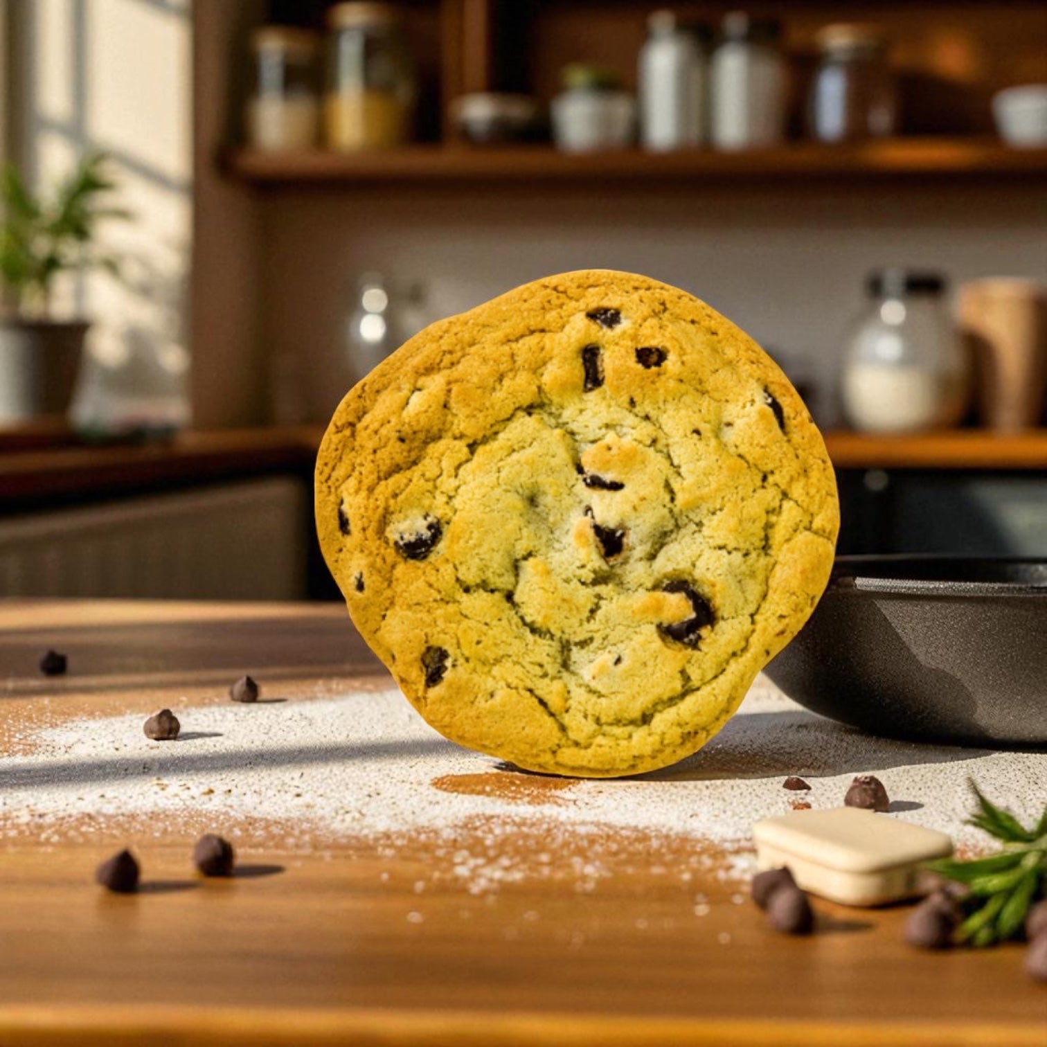 A Baker’s Source Classic Cookie Chocolate Chip, Individually Wrapped 2 Ounce (48 Count), stands upright on a wooden table with scattered chocolate chips and powdered sugar—ideal for savoring fresh or sharing.
