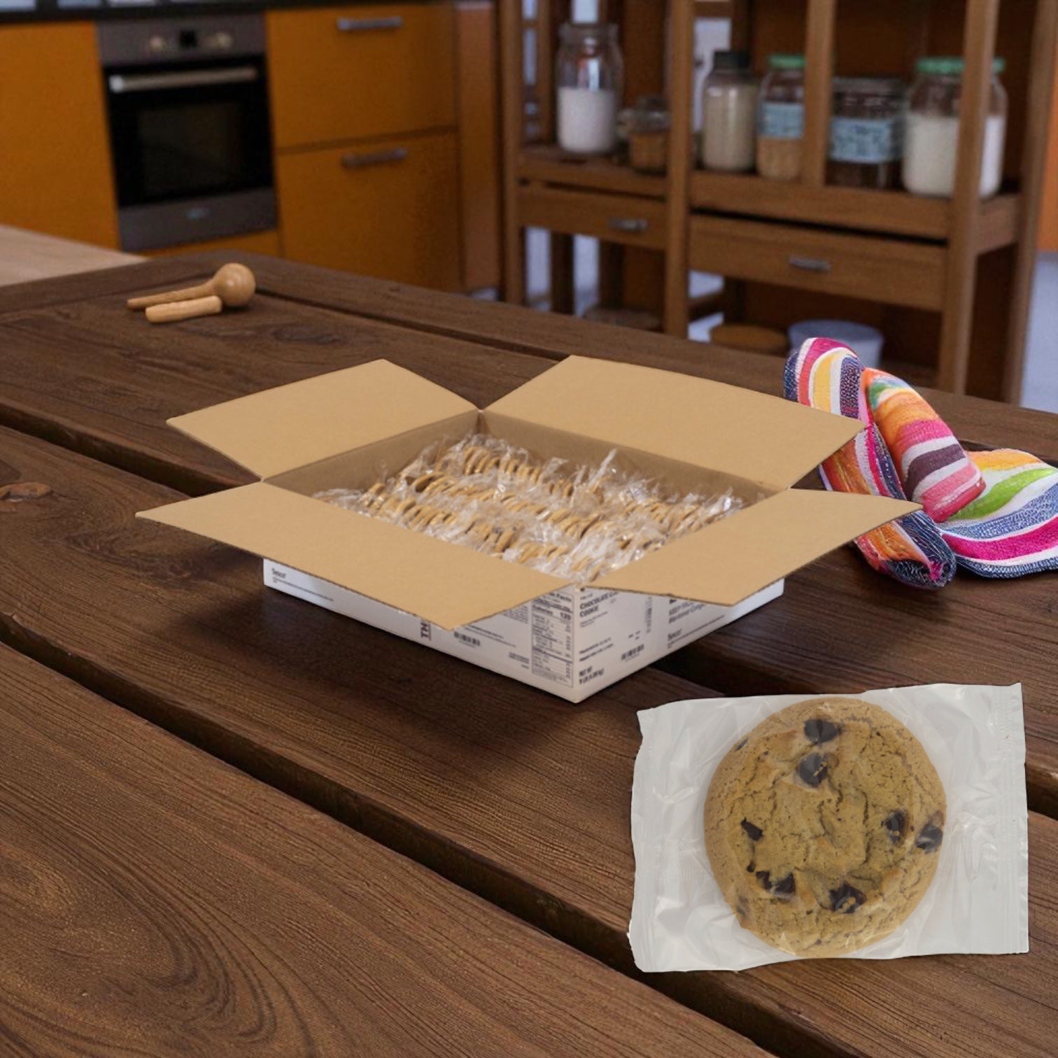 A box of Baker's Source Classic Cookie Chocolate Chip Clear Individually Wrapped 1 oz - 144 Count sits on a kitchen table, with one wrapped cookie displayed in front.