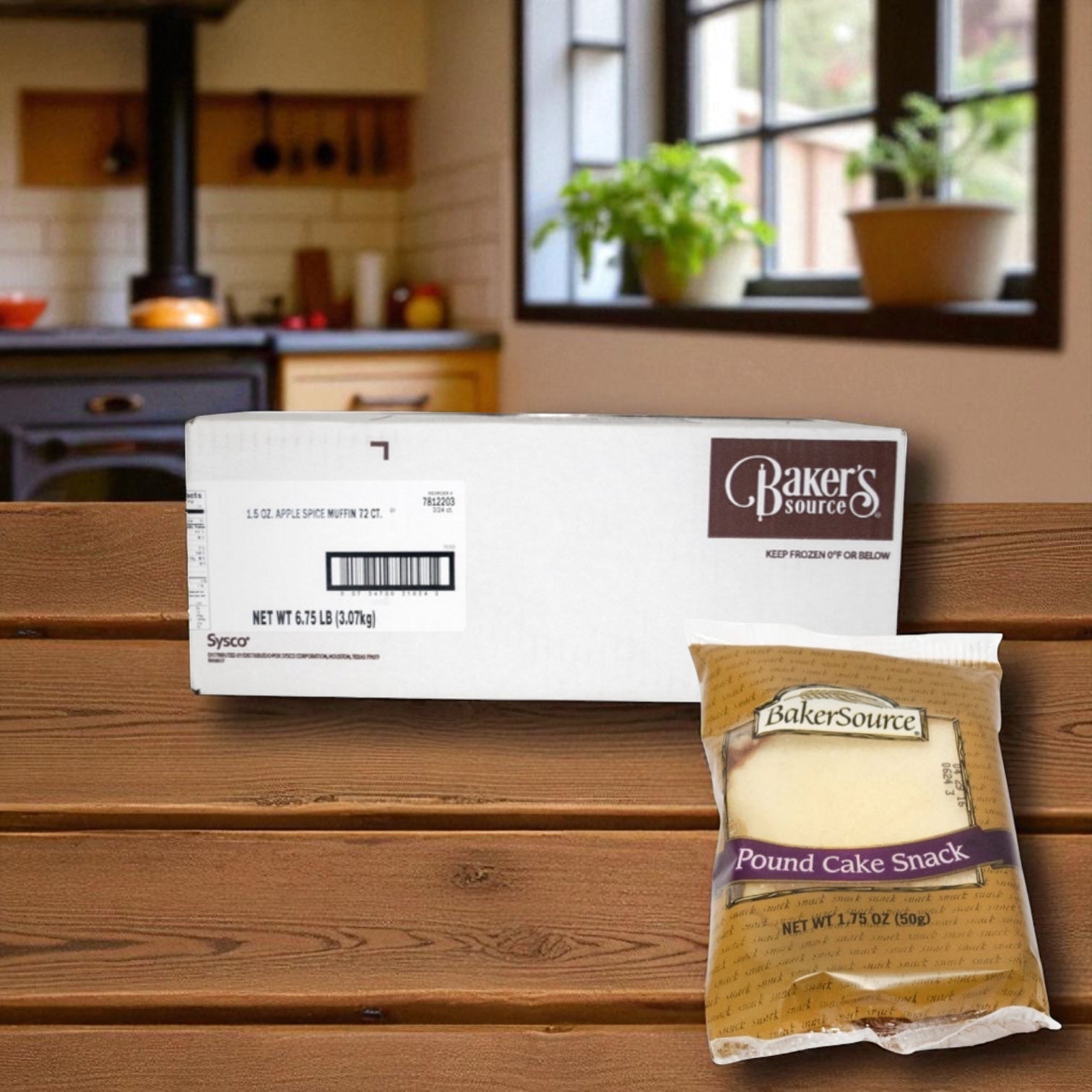 A box of Baker's Source Classic Cake Pound Individual Wrapped 1.75 oz (24 Count) is shown on a wooden kitchen surface, offering convenient grab-and-go snacks.