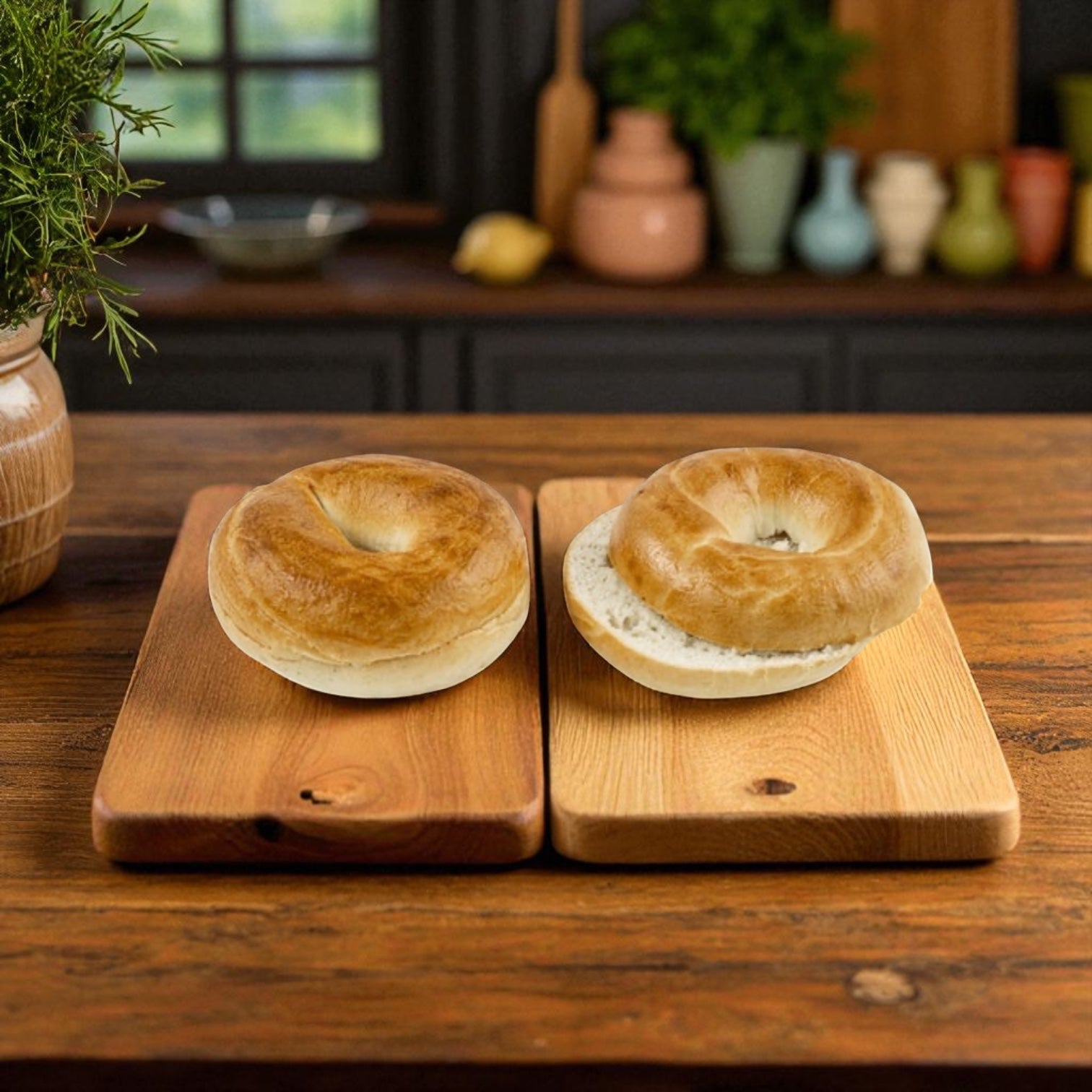 Two Baker's Source Classic Bagel Plain Individually Wrapped Sliced 3 oz are shown on wooden boards in a kitchen, part of the convenient 60-count bulk pack—perfect for stocking up.