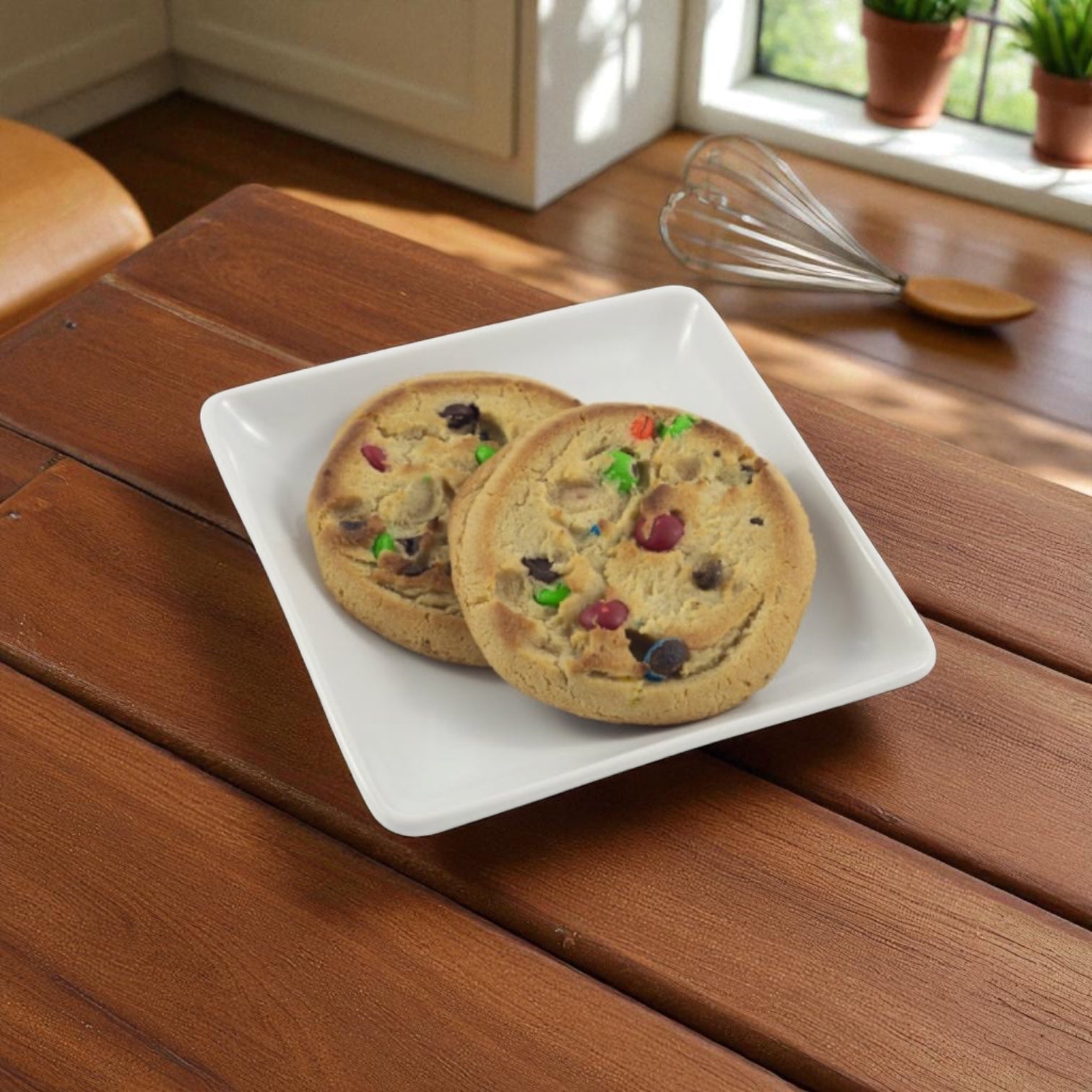 Two Baker's Source Classic Chocolate Chip Cookies with Candy, each 3 oz and individually wrapped, rest on a white plate on a wooden table in a sunlit kitchen. (Sold as a 48-count pack: Bakers Source Cookie Chocolate Chip With Candy.).
